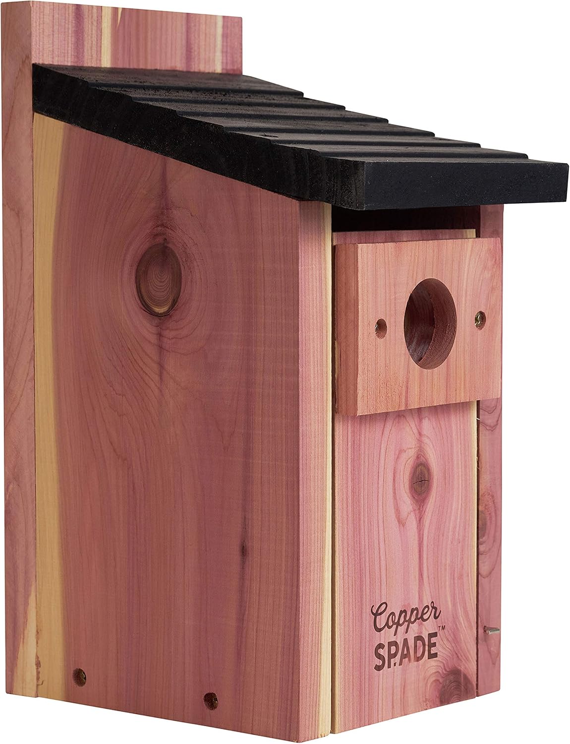 Copper Spade Cedar Bluebird House, Blue Bird Nesting Box with Fledgling Grooves, No Perch Slant Roof and Predator Guard