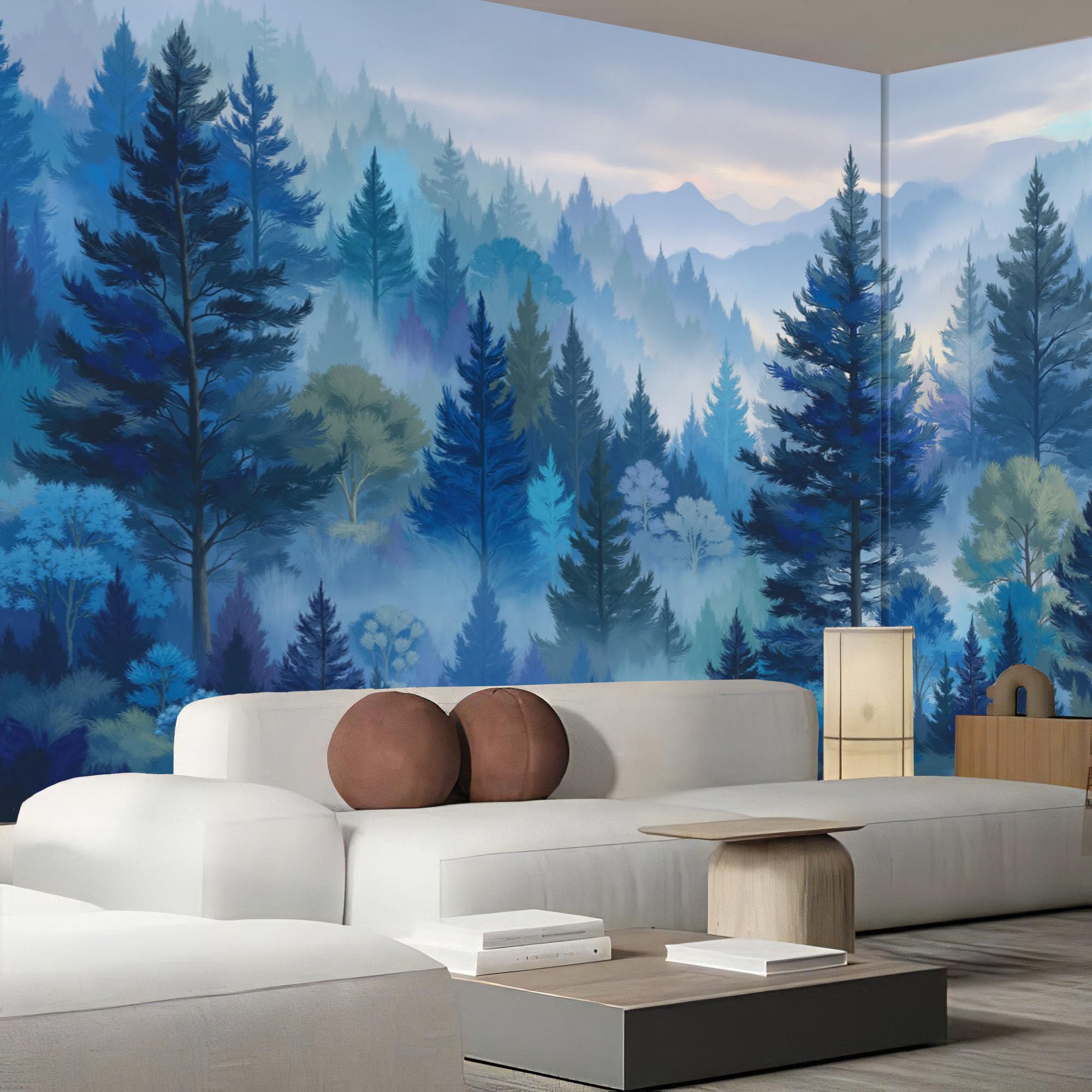 Papier Peint Panoramique Paysage Forestier Bleu Foncé 450x315cm