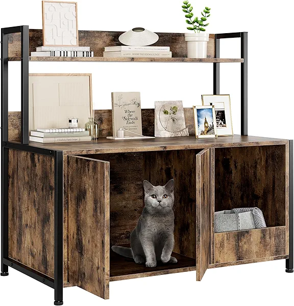 Cat Litter Box Enclosure with Shelves Storage, 2-in-1 Hidden Litter Box with Doors, Cat Wooden Washroom Furniture with Scratching Pad, Pet Storage Cabinet, Rustic Brown