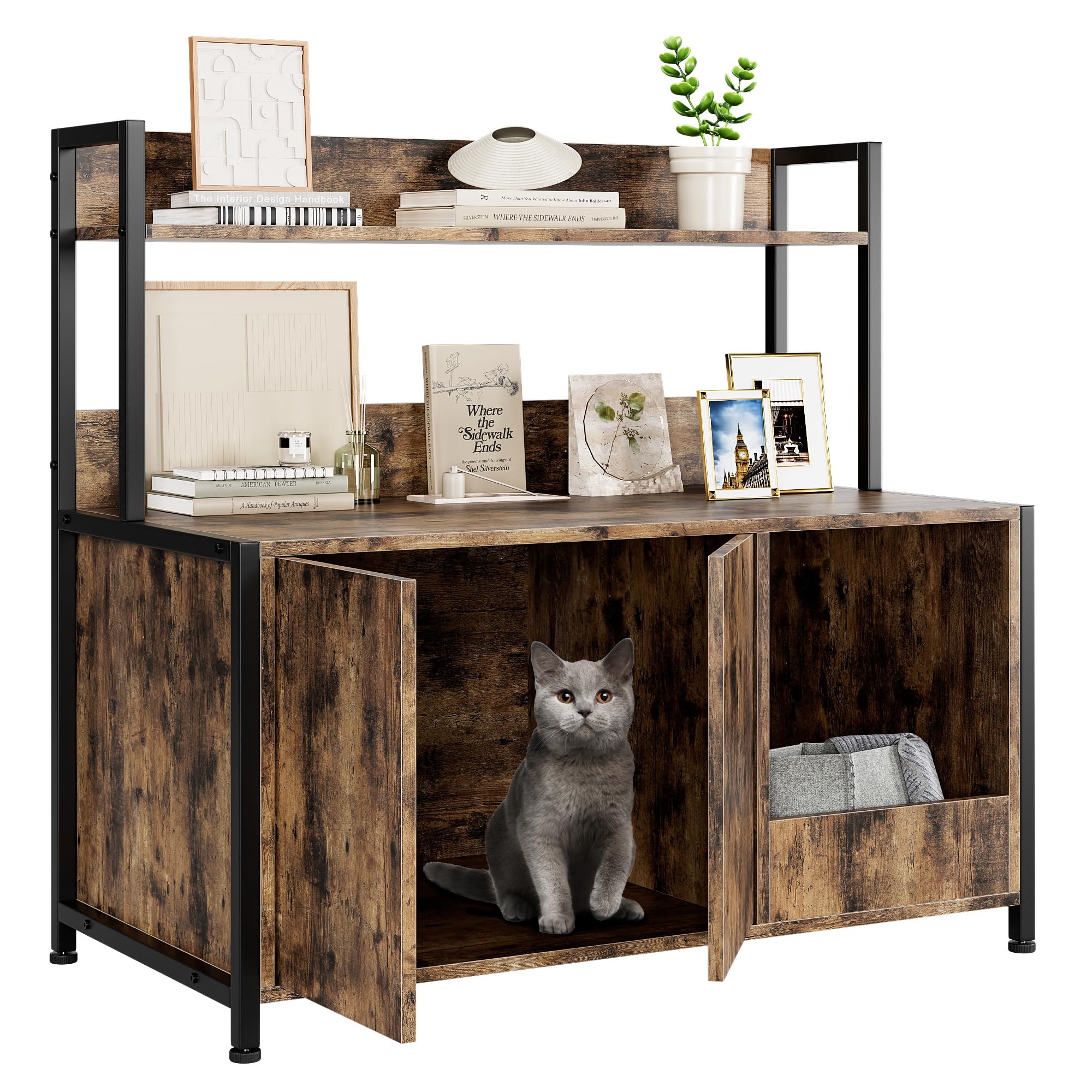 GAOMON Litter Box Enclosure with Shelves, Large Hidden Litter Box with Doors, Indoor Tall Litter Box Furniture, Cat Wooden Washroom Furniture with Scratching Pad, Pet Storage Cabinet, Rustic Brown