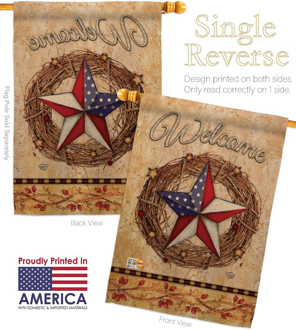 Welcome American Pride Wreath House Flag Americana Star and Stripes Patriotism Independence Memorial United State Small Decorative Gift Yard Banner Made In USA 28 X 40