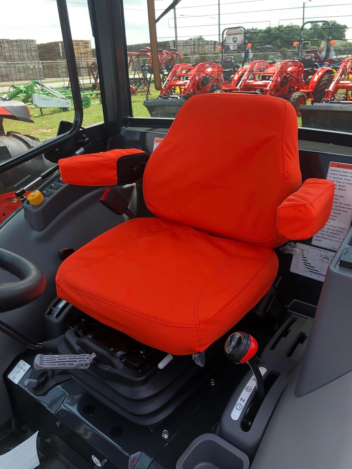 Durafit Seat Covers, Compatible with 2022+ KIOTI CK,DK and NS Series Tractor, IF You Have ARMRESTS Grammar Suspension seat. Two Piece Vinyl seat, with ARMREST. Orange Waterproof Endura.