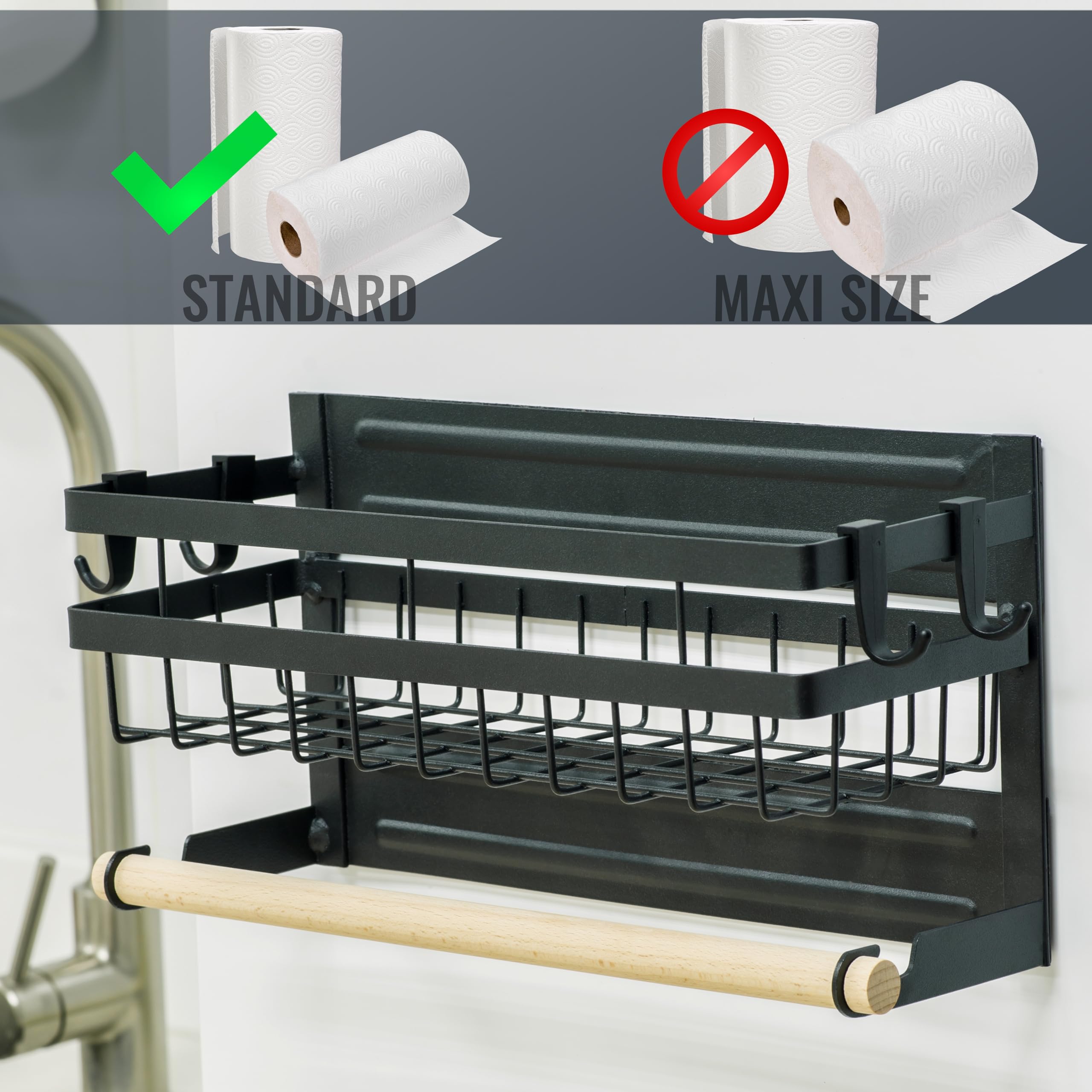 RICOO Porta Spezie per Cucina KR005, Regale Magnetico Salvaspazio in Ferro Nero Porta Barattoli e Organizzatore Spezie senza Foratura 30x11.5x16 cm