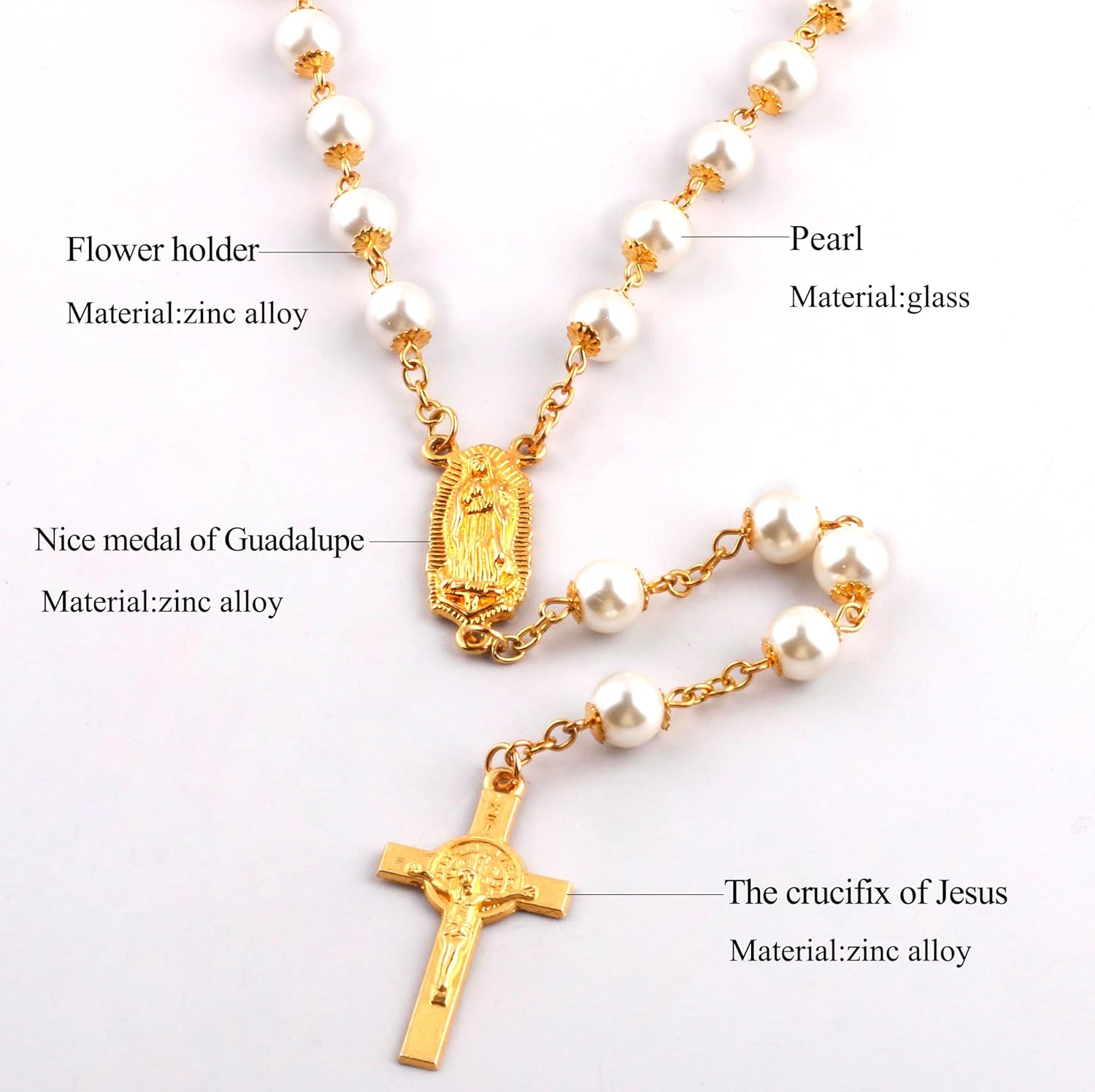 8mm Glass Pearl Beads Catholic Guadalupe Rosary Necklace for Women with Flannel Bag - Image 3