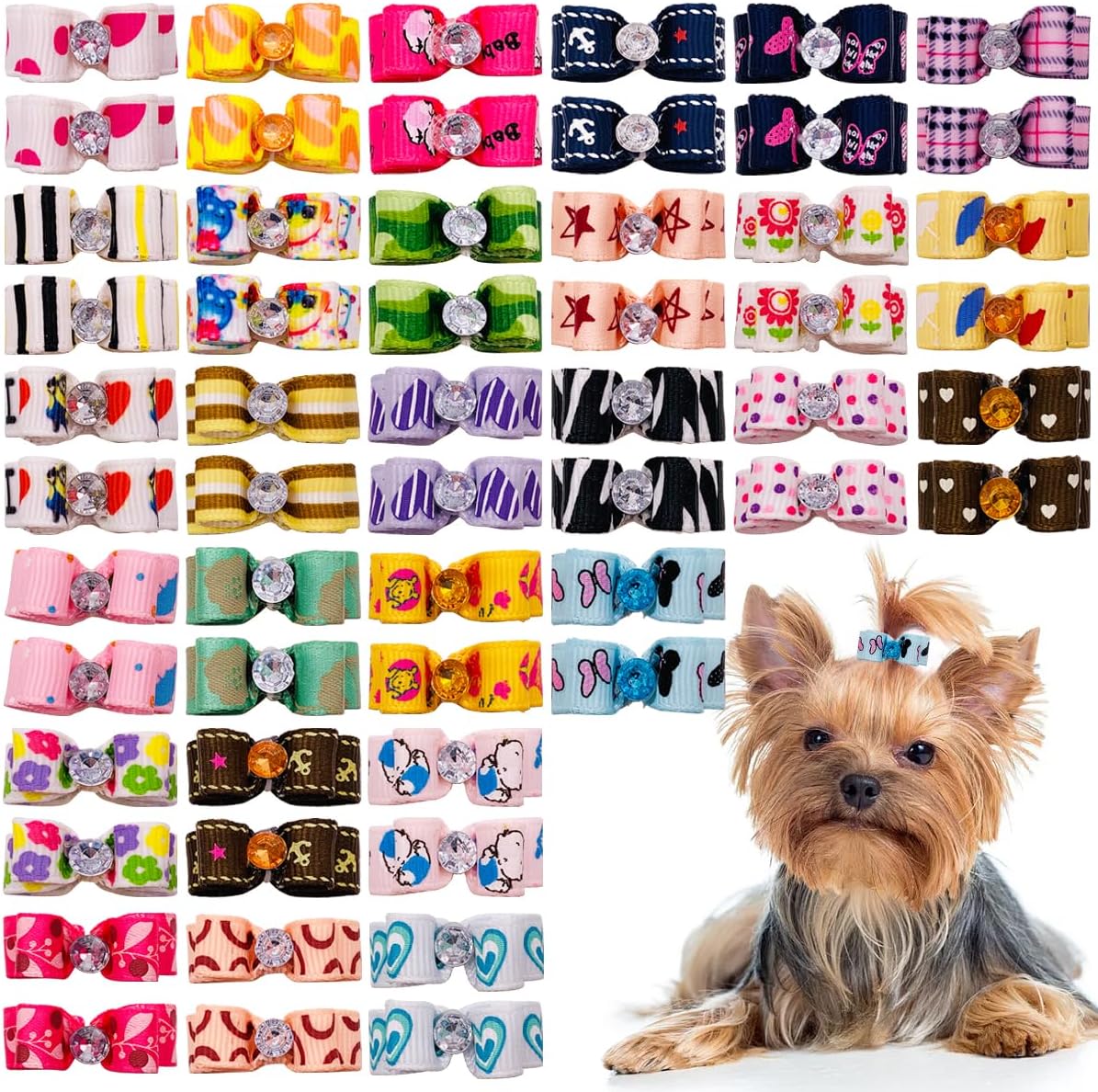 YOY 50 Pcs Adorable Grosgrain Ribbon Pet Dog Hair Bows with Elastic Rubber Bands