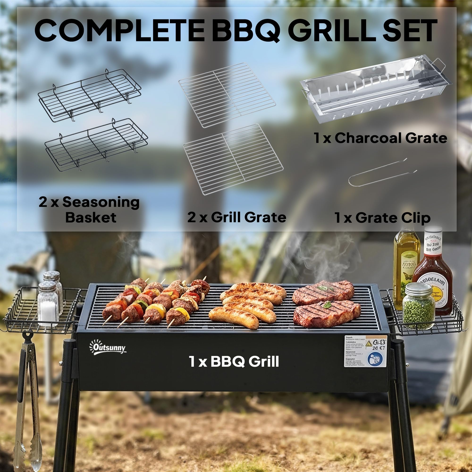 Outsunny tragbarer Holzkohlegrill mit Gewürzkörben und Haken, kompakter Edelstahlkocher für Camping, Picknick, Wandern, Gartenparty, Festival | Gewürzkörbe, kompakter Edelstahlkocher, Camping, Picknick, Wandern, Gartenparty, Festival