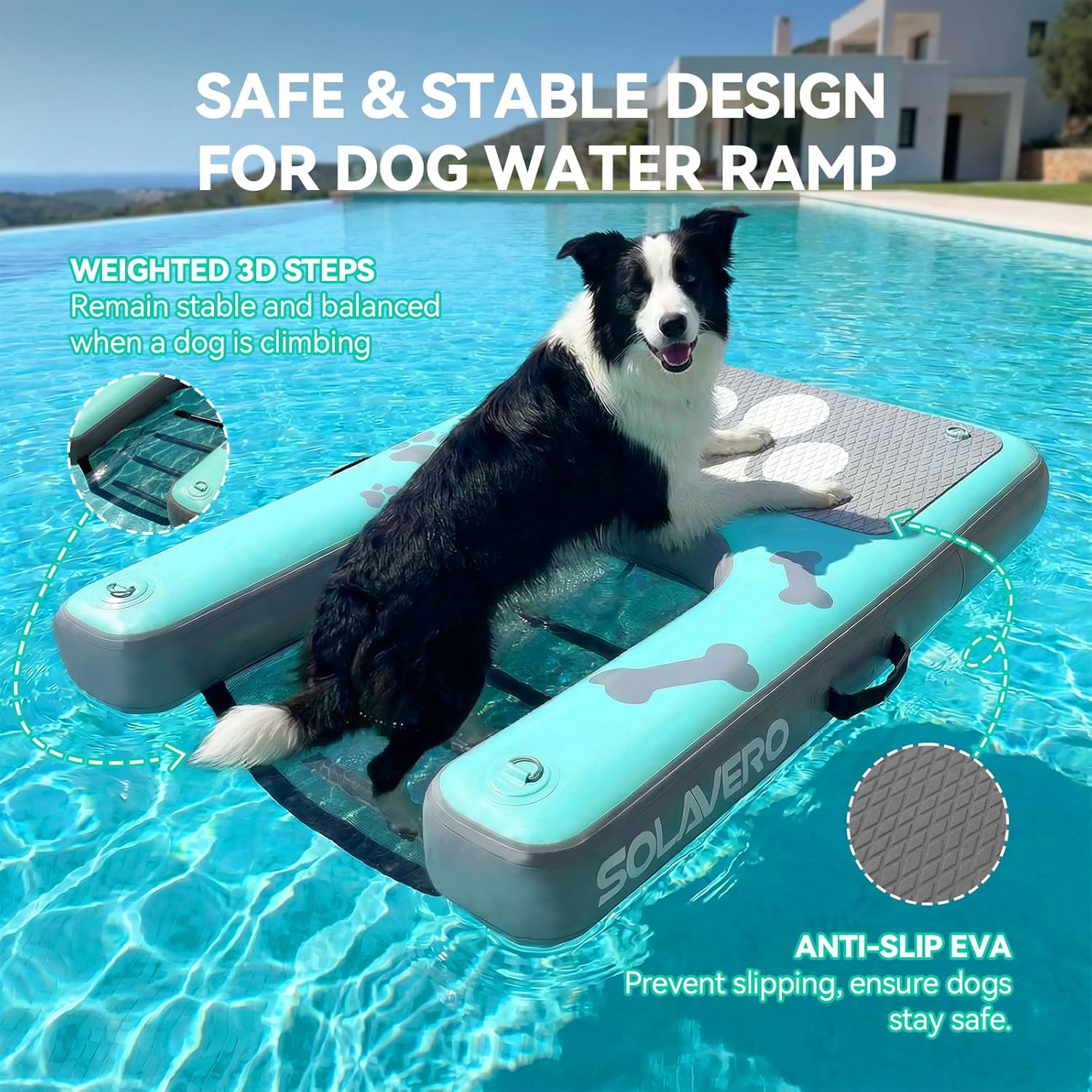 SOLAVERO Dog Water Ramp for Pool, Boat & Lake, Inflatable Dog Dock Pup Plank Pool Ladder Up to 200 lbs, Safe & Easy Access Floating Ramp Steps for Pets with Anti-Slip EVA, Green