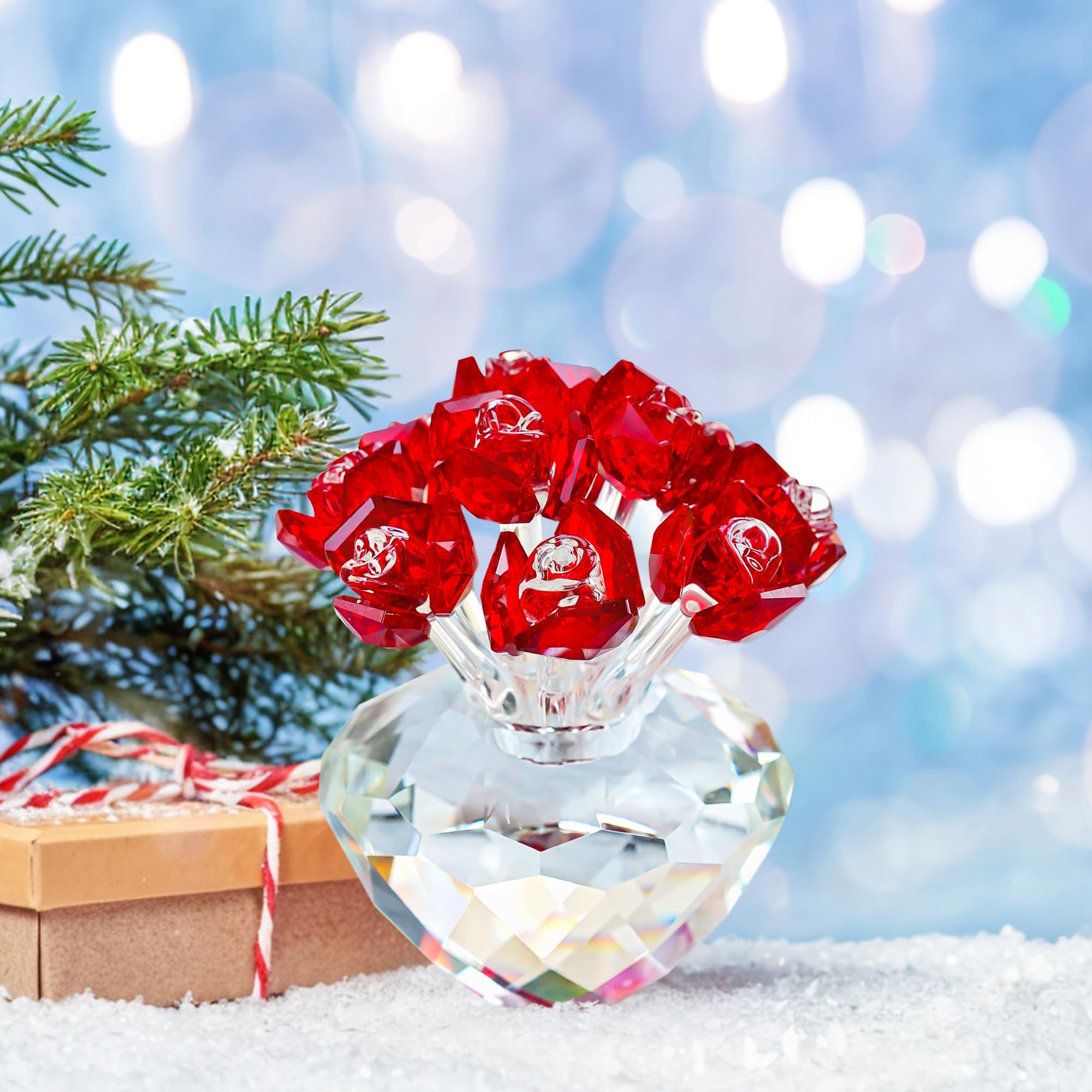 Red Rose Crystal Flower Figurines - Glass Flower Roses Bouquet Gifts for Women, Wife, Mom - Collectible Home Decor Ornaments for Wedding, Birthday, Mothers Day, Anniversary