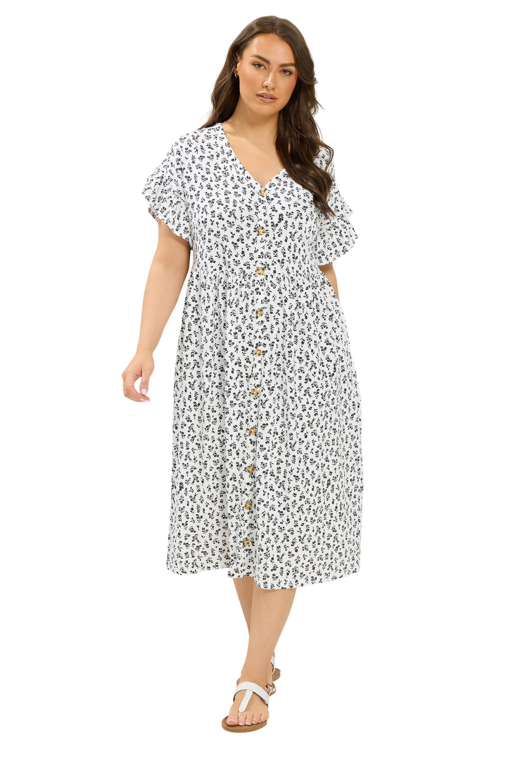 Yours Curve Floral Frill Sleeve Dress - Women's - Plus Size Curve White