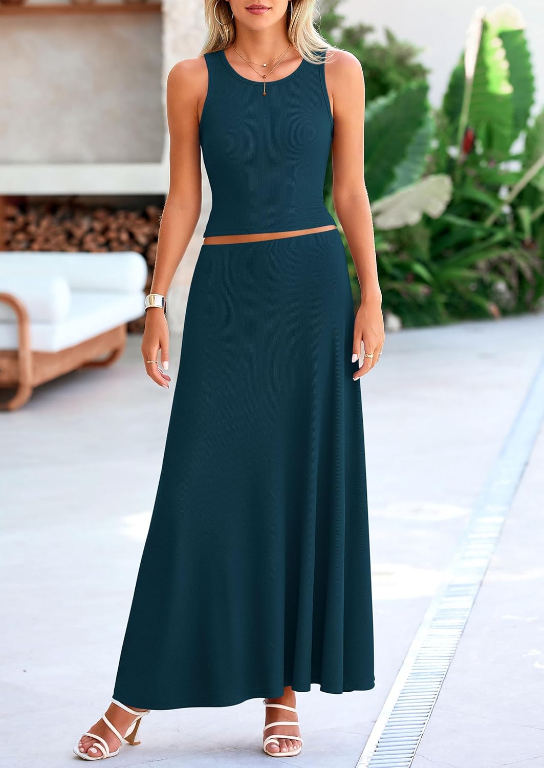 PRETTYGARDEN Women's 2 Piece Maxi Skirt Sets Casual Summer Knit Cropped Tank Top High Waisted Long Skirts Outfit