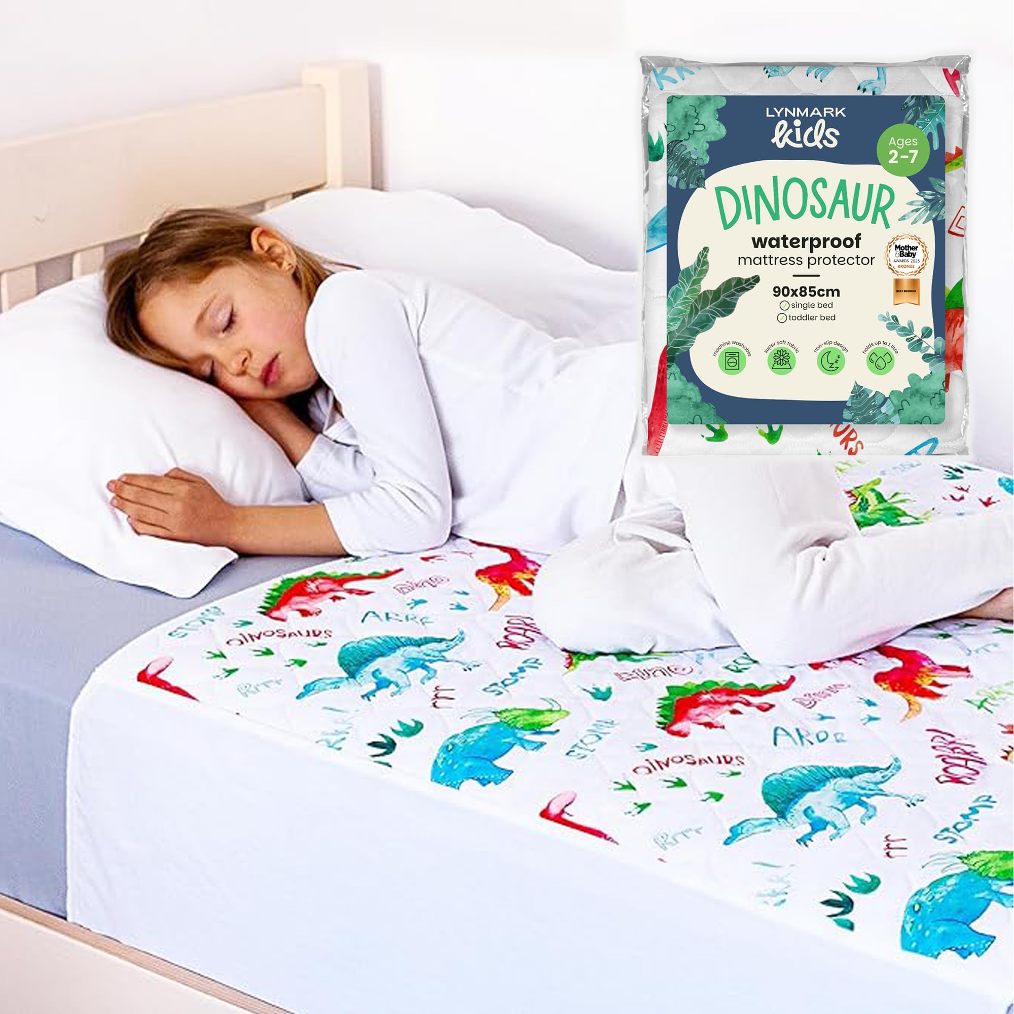 Lynmark Dinosaur Toddler Potty Training Bed Pad With Tucks - Soft Waterproof Bedwetting Pee Protector Mat For Kids - Multi-Layer Non-Slip Washable Incontinence Mattress Sheet Absorbs Up To - 90 X 85Cm, 2000Ml