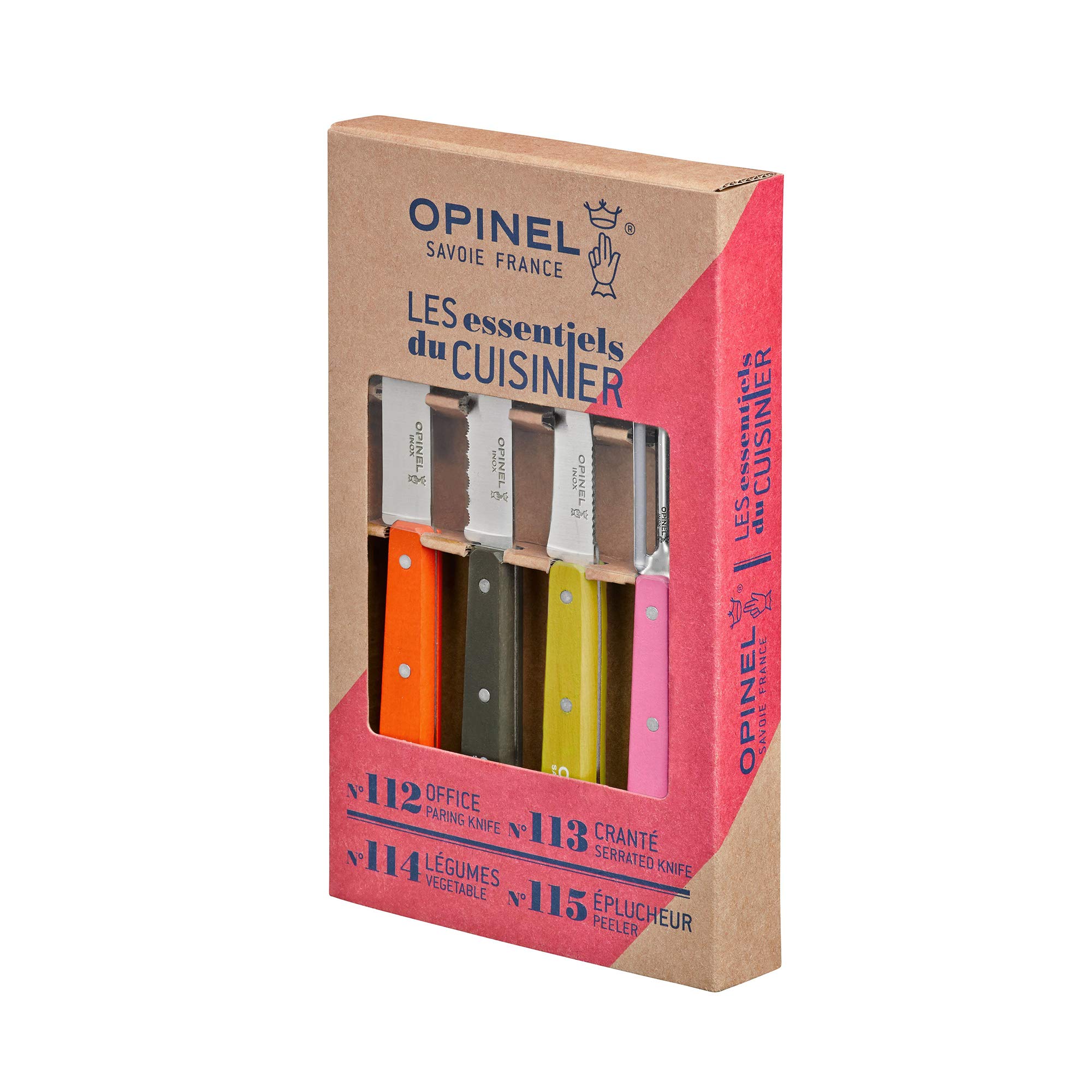 Opinel - Coffret Les Essentiels Fifties - Coffret Cuisine Couteau d'Office, Couteau Cranté, Couteau à Légumes, Couteau Eplucheur - Inox & Charme - Mandarine, Poivre, Tilleul & Rose