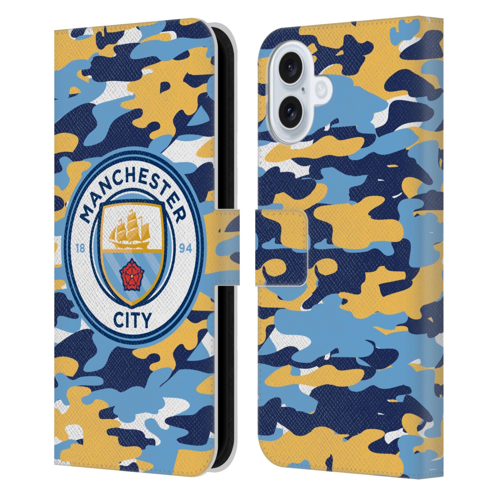 Head Case Designs Officially Licensed Manchester City Man City FC Club Badge Camou Leather Wallet Case Compatible With Apple iPhone 16 Plus