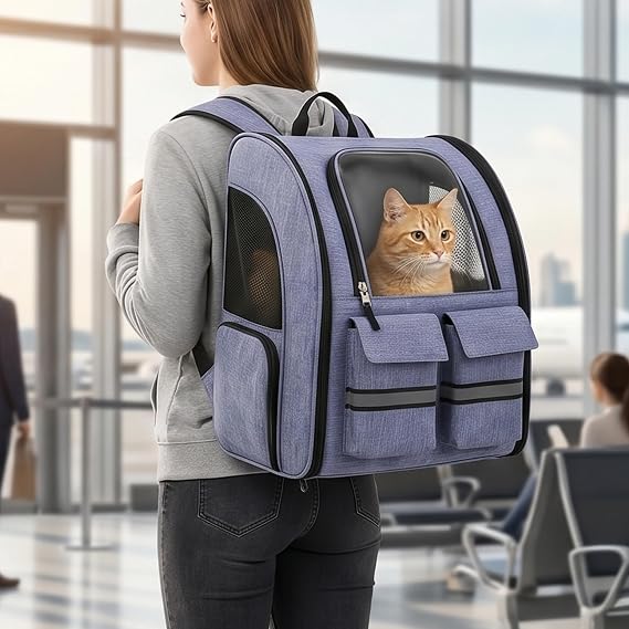 2-in-1 Foldable Large Backpack Cat Carrier with Trolley Wheel and Breathable Mesh, Rolling Pet Backpack for Travel, Hiking, Ventilated Kitty Bag, Purple
