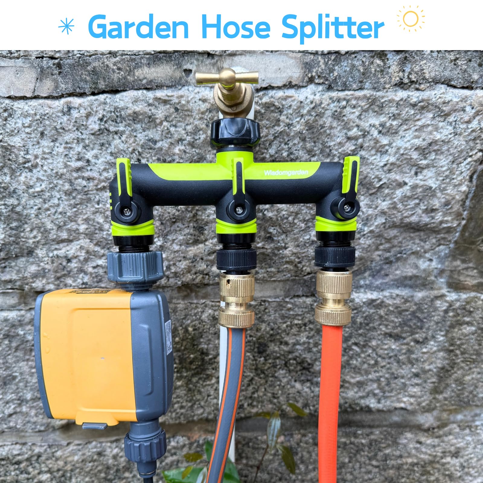 Wisdomgarden Distributore a 3 Vie, distributore dell'Acqua a 3 Vie, Collegamento simultaneo di 3 dispositivi al Rubinetto, Adatto per interruttori di irrigazione e Tubi dell'Acqua, Verde con Nero