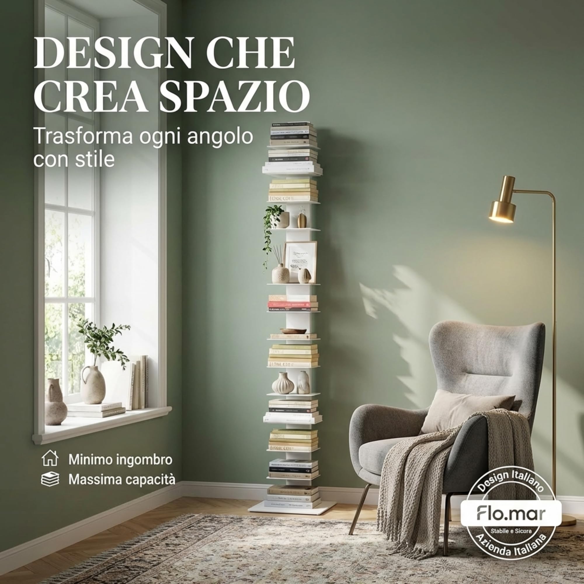 Flo.mar - Libreria a Colonna Bianca con 14 Ripiani 20x15cm - Libreria Verticale a Colonna da Terra con Base in Metallo 35x35 cm - Stretta e Alta 214 cm