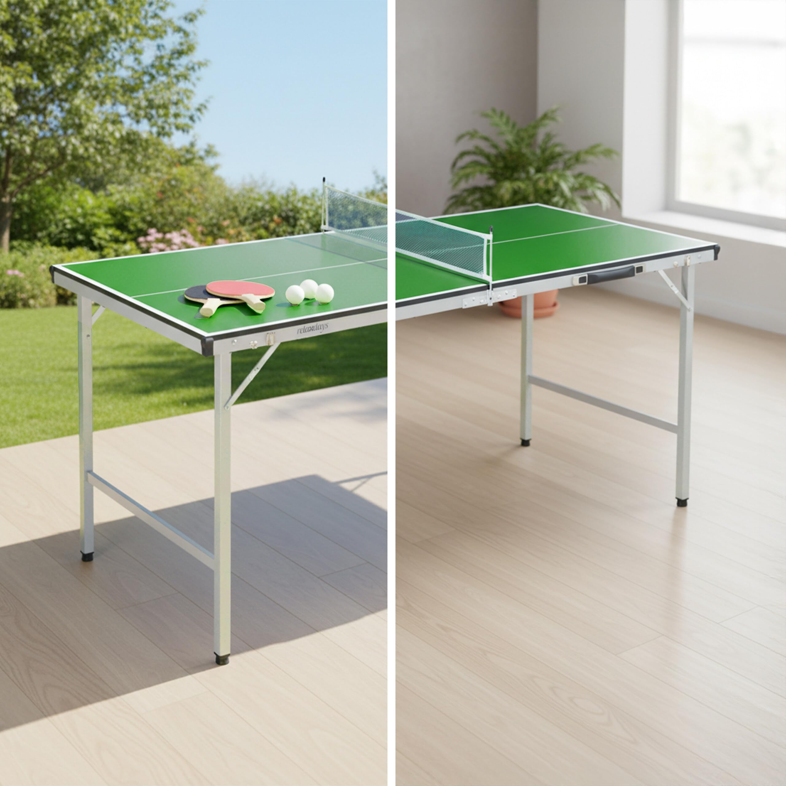 Relaxdays Table de ping-Pong Pliante avec Filet, 2 Raquettes, 3 balles, 71x150x67 cm, Vert