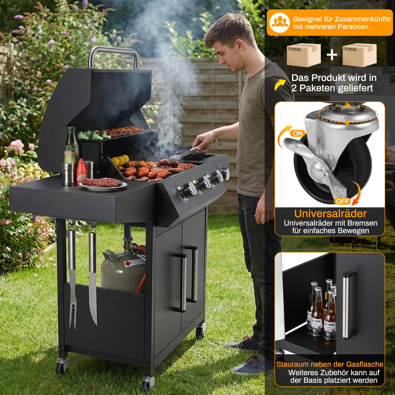 LIFERUN Gasgrill 3+1 Edelstahl Brenner,13,5 kw Gas Grillwagen BBQ mit Seitenkochfeld,Gasgriller mit Thermometer,4 PCS Bremse Rollen,DE I3B/P(50) Gasdruckregler,Grillküche Camping Garten(Butan/Propan)