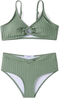 Niñas Conjuntos de Bikini de Canalé Niños Traje de Baño de Dos Piezas Verano Correas Ajustables Tankini Color Sólido Moda Bralette Bikini Set para Niñas 5-14 Años