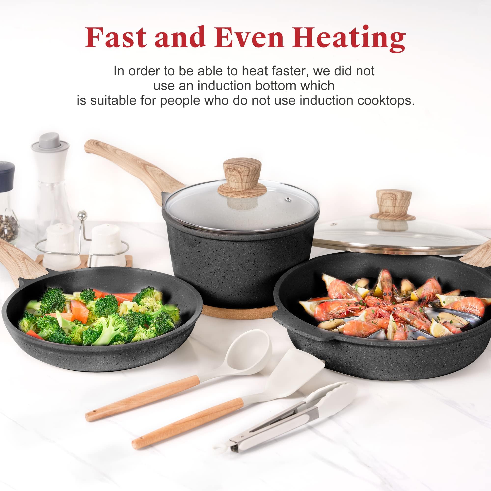 RIOVARM Batterie De Cuisine Induction 10 Pièces - Céramique Anti-Adhésive Avec Couvercles Et Ustensiles Silicone, Idéal Pour Toutes Cuisinières