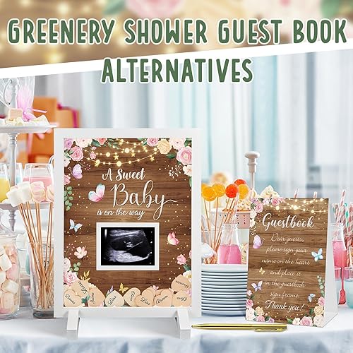 Miniatura 5 de Kosiz Marco de libro de invitados de madera rústica floral para baby shower, libro de invitados con diseño de mariposa rosa con corazones de madera
