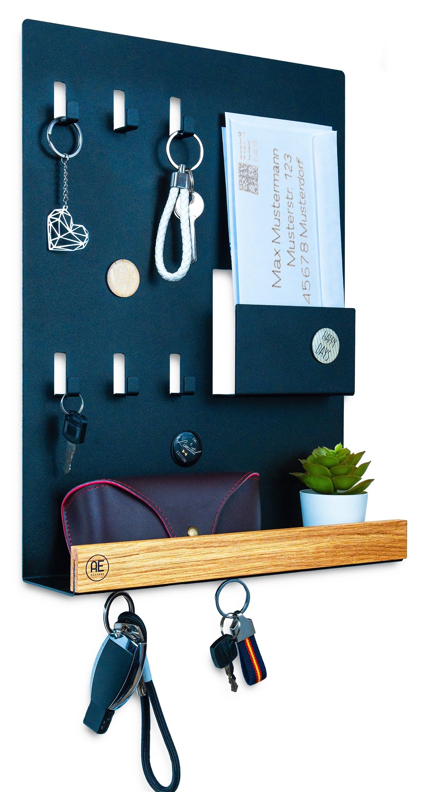 Kldgris houten sleutelrek met plank, decoratief houten wandrek met 5 sleutelhaken, voor entree, gang, slaapkamer, woonkamer, wit