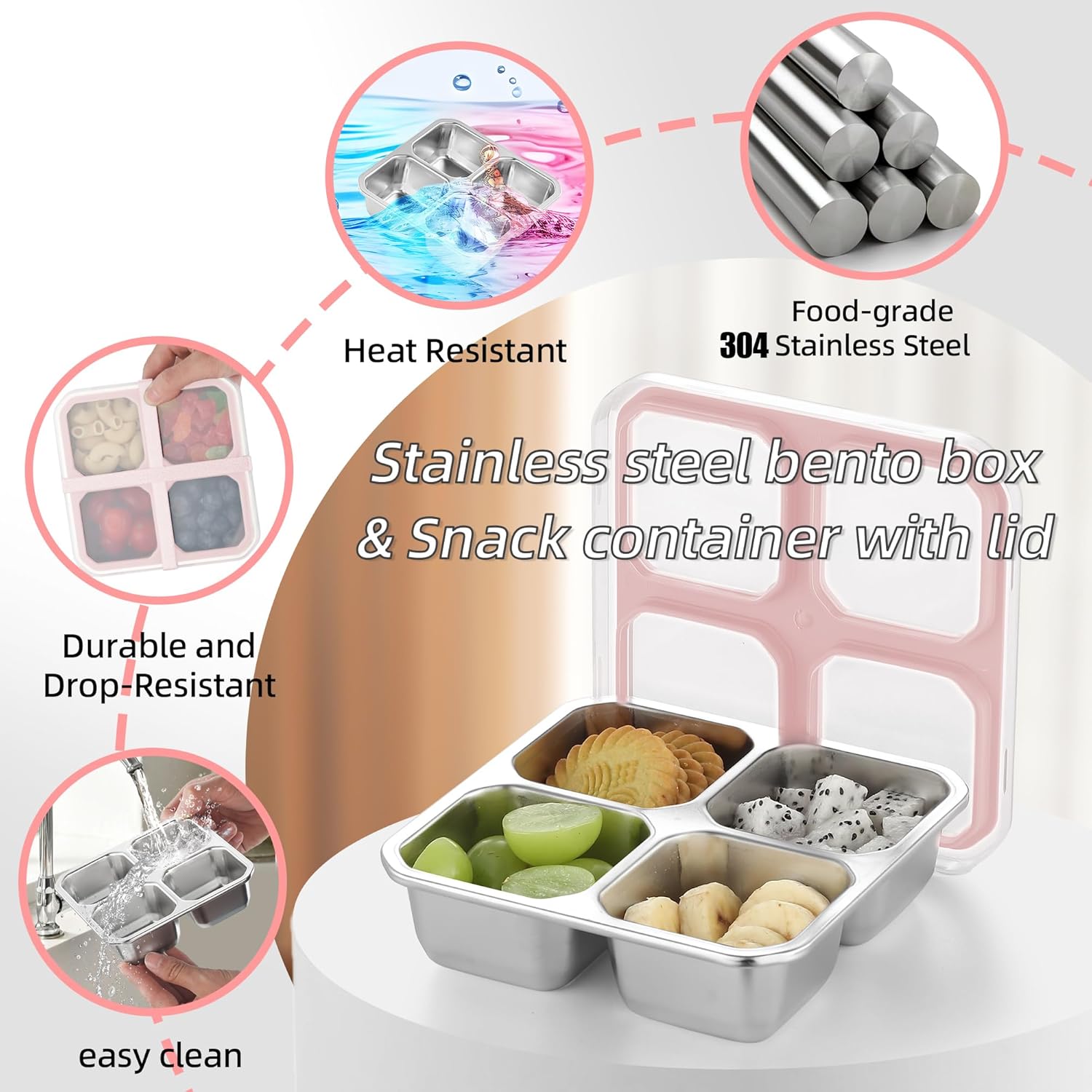 BEFOY 4 Divided Compartments Snack Containers Bento Snack Box with Lid Stainless Steel Kids Plates Reusable Meal Prep Lunch Box Food Storage Containers for Adults Travel Work