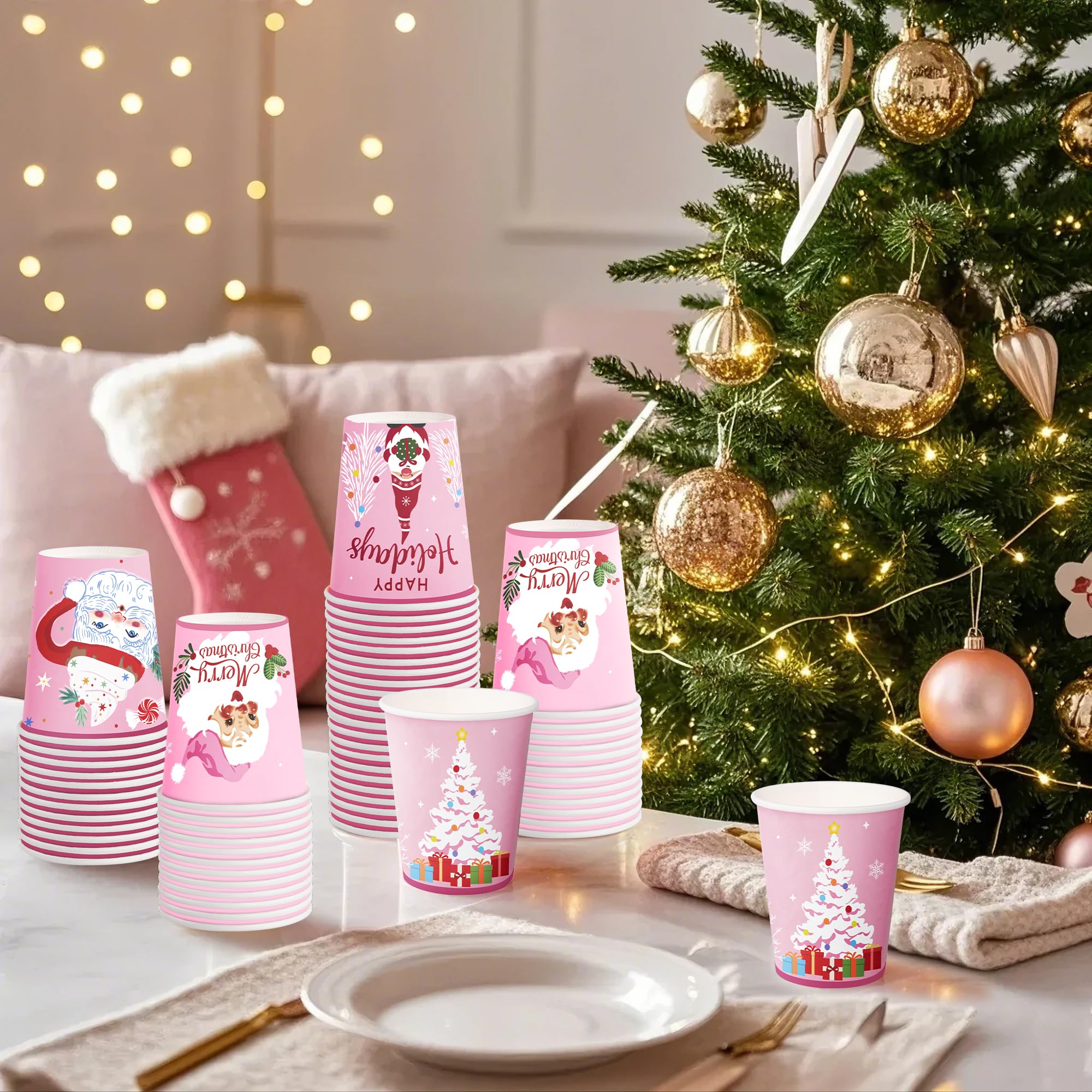 WRAPAHOLIC 100 vasos de papel de Navidad – 9 onzas, vasos desechables de Papá Noel, gnomo y árbol de Navidad, suministros de fiesta de vacaciones para jugo, café, bebidas frías y calientes