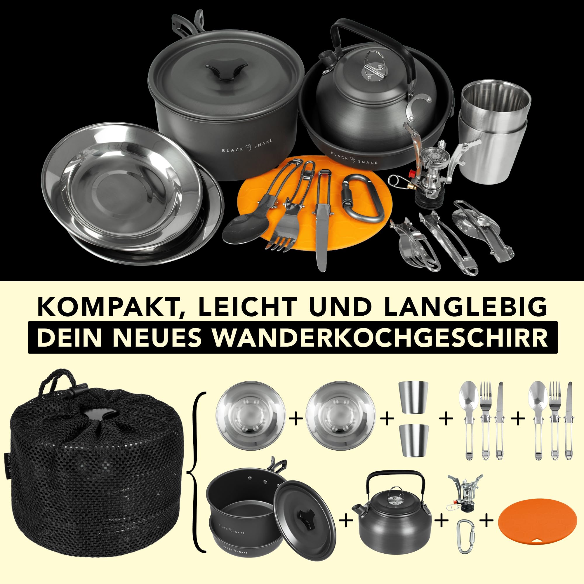 Camping Geschirr Set 14-teilig für Outdoor Küche, Wandern & Festival - mit Bechern, Tellern, Besteck, Topf, Pfanne, Kessel & Zubehör
