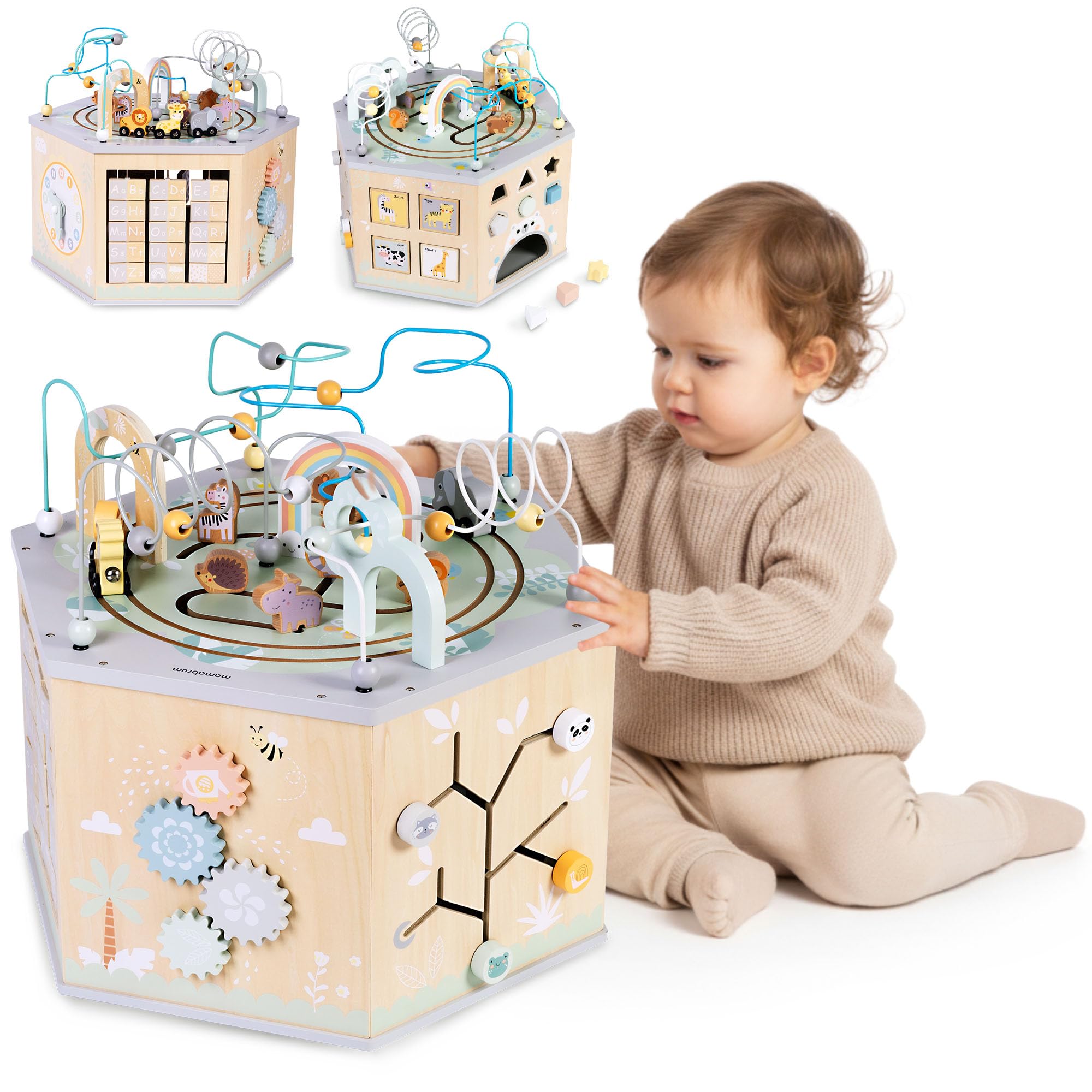 Mamabrum Grande Cubo Educativo – Giocattolo Montessori con Trenino Magnetico, Anelli Motori e 10+ Attività – Per Bambini da 12m+