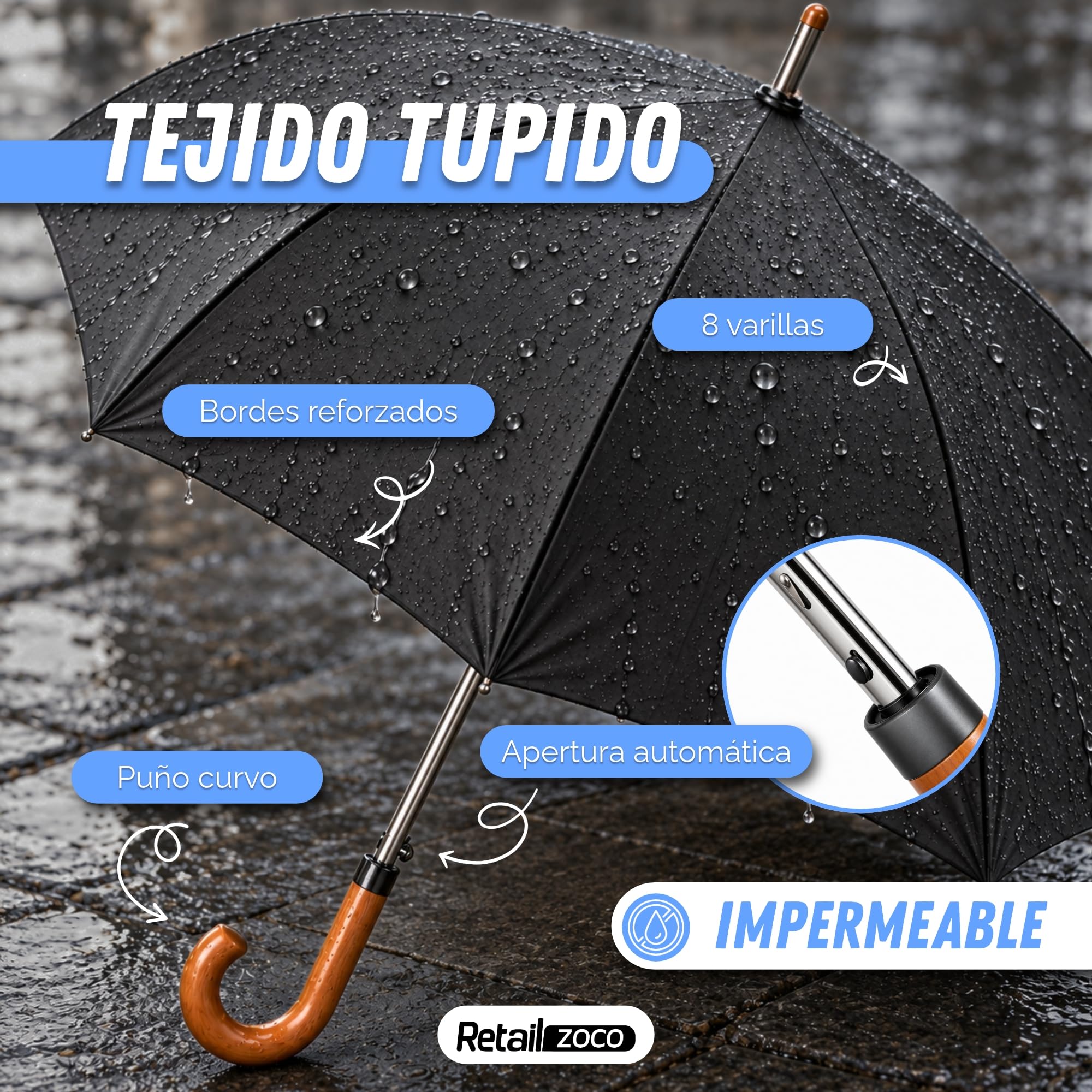 Paraguas Largo Clasico Grande Automatico, Resistente al Viento - imagen 3