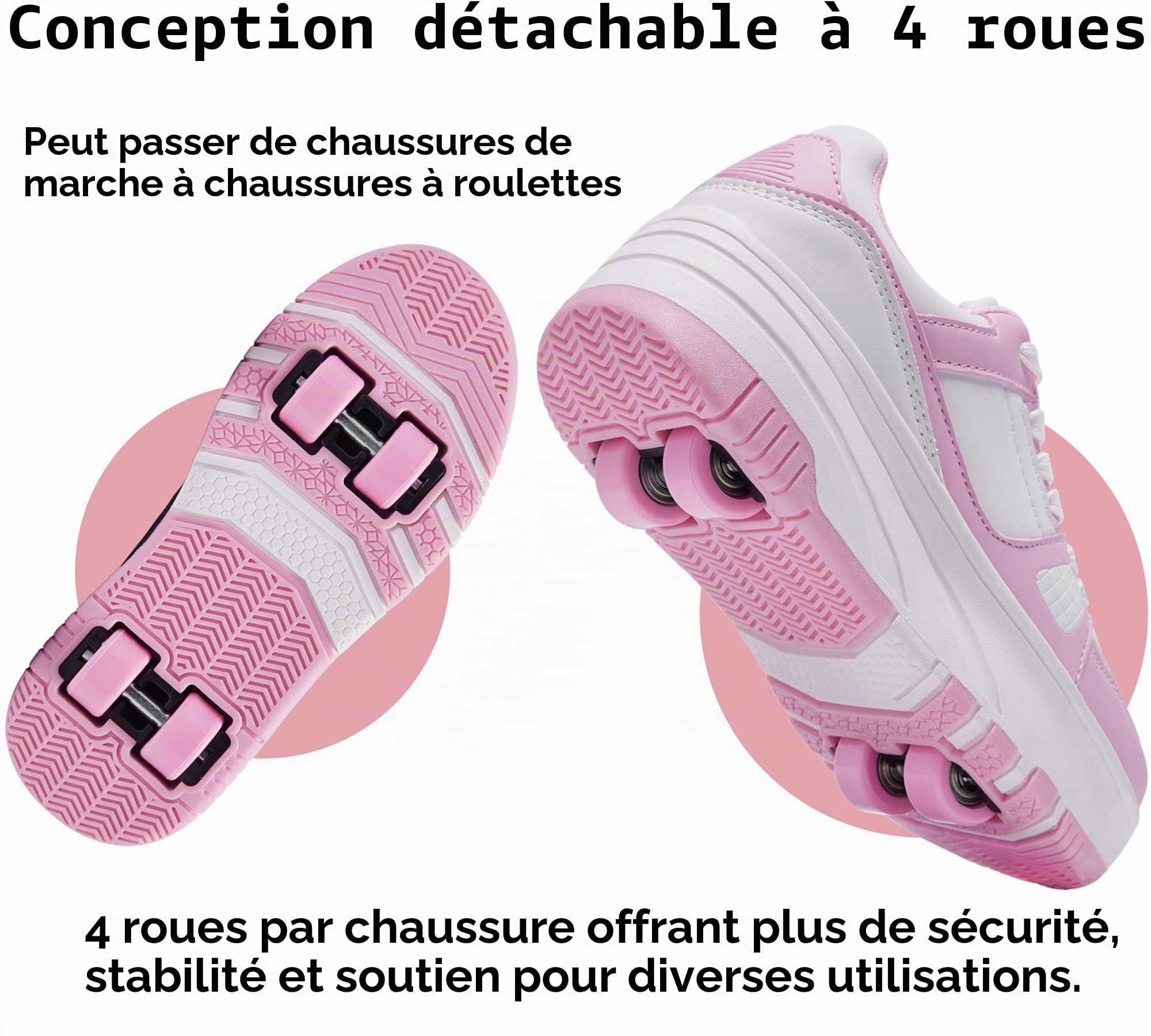 chaussure à roulette confortables pour garçons et filles, patins à roulettes, chaussures de sport d'extérieur amovibles 4 roues, rose blanc 1135, 34 EU
