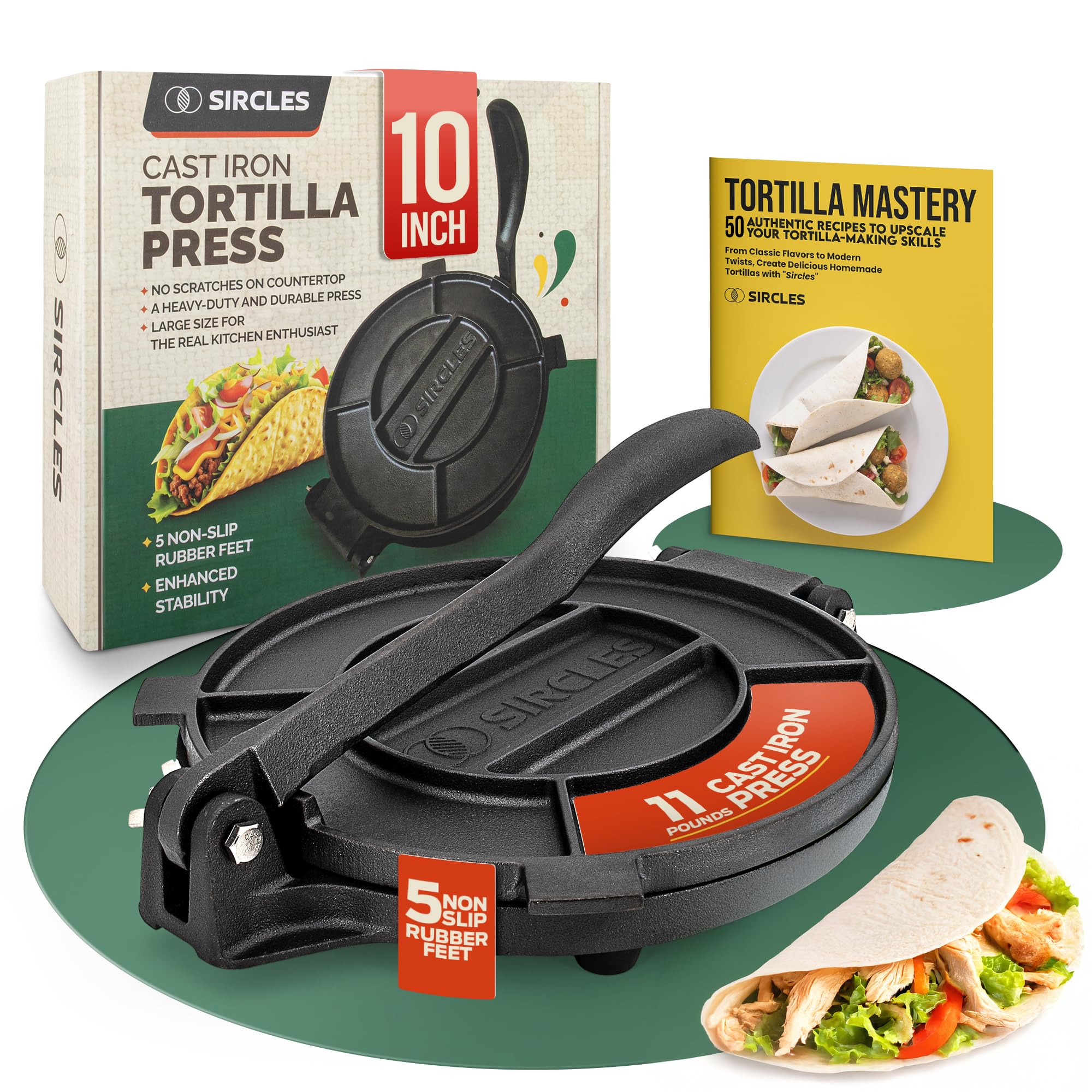 SIRCLES Tortilla Press 10 Inch Cast Iron - Extra Large, Heavy Duty 10 Inch Tortilla Press - Ebook 50 recipes - 5 Non-Slip Rubber Feet - Pre-Seasoned - Prensa Para Tortillas (Large 10 inch)-image-35