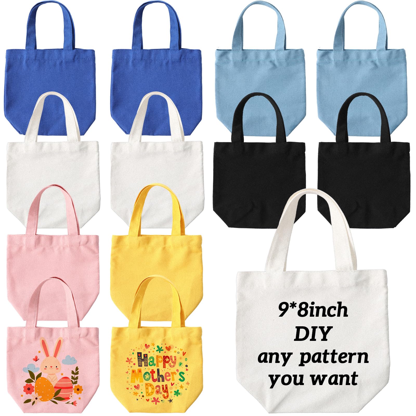 Amylove 12 Pcs Mini Tote Bag Sublimation Blank Canvas Tote Bags Reusable Grocery Luggage DIY Sack Goody for Party Even (9 x 8 Inch,Vibrant Color)