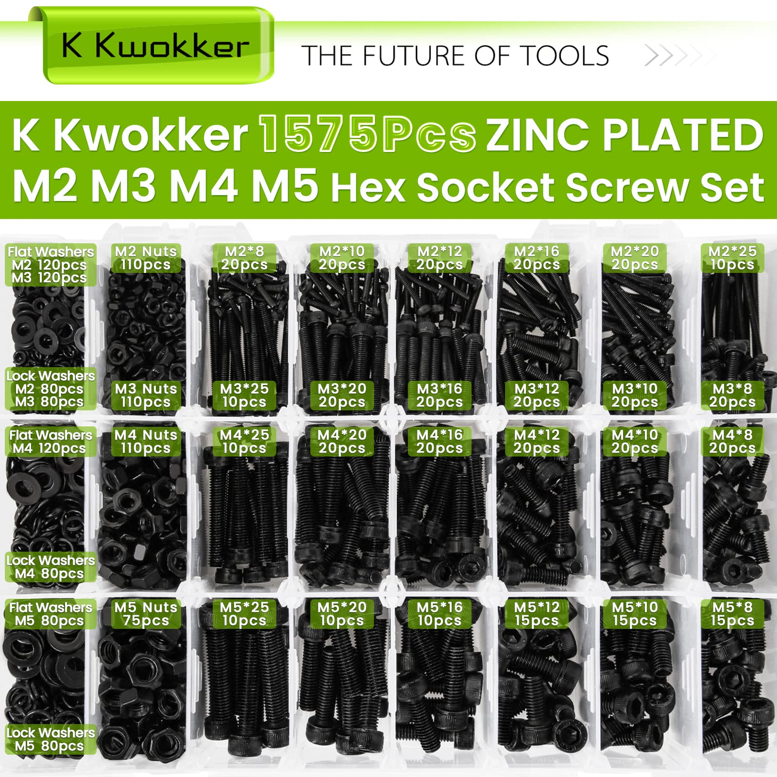 K Kwokker 1575PCS Hex Bolt Set, M3 Nuts and Bolts, M2 M3 M4 M5 Black Nuts and Bolts Set - Image 3