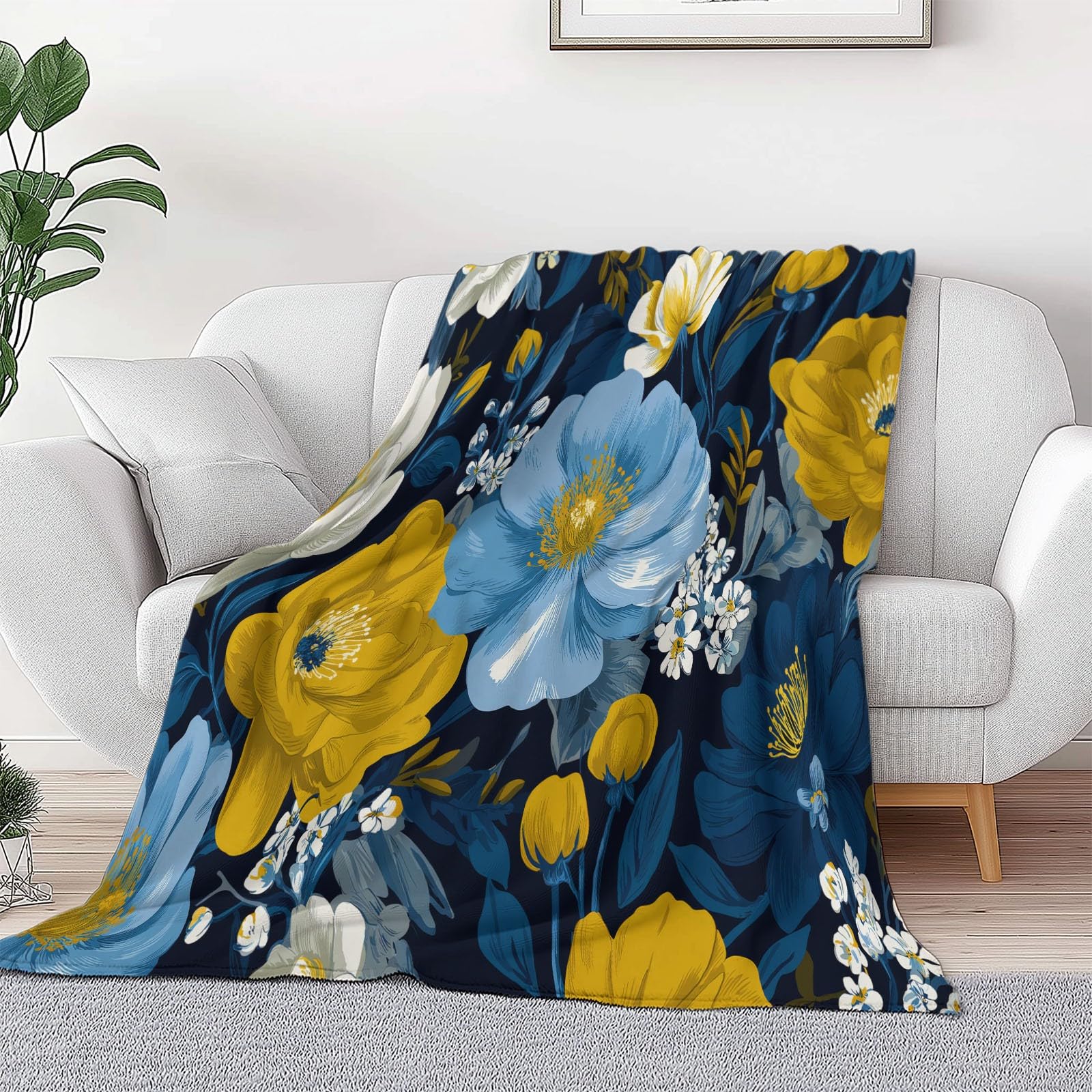 Manta de franela mullida de 220 x 240 cm, de lujo de plantas y flores, manta para sofá y cama como manta de sofá, manta de forro polar de microfibra suave como colcha y manta de sofá, color azul