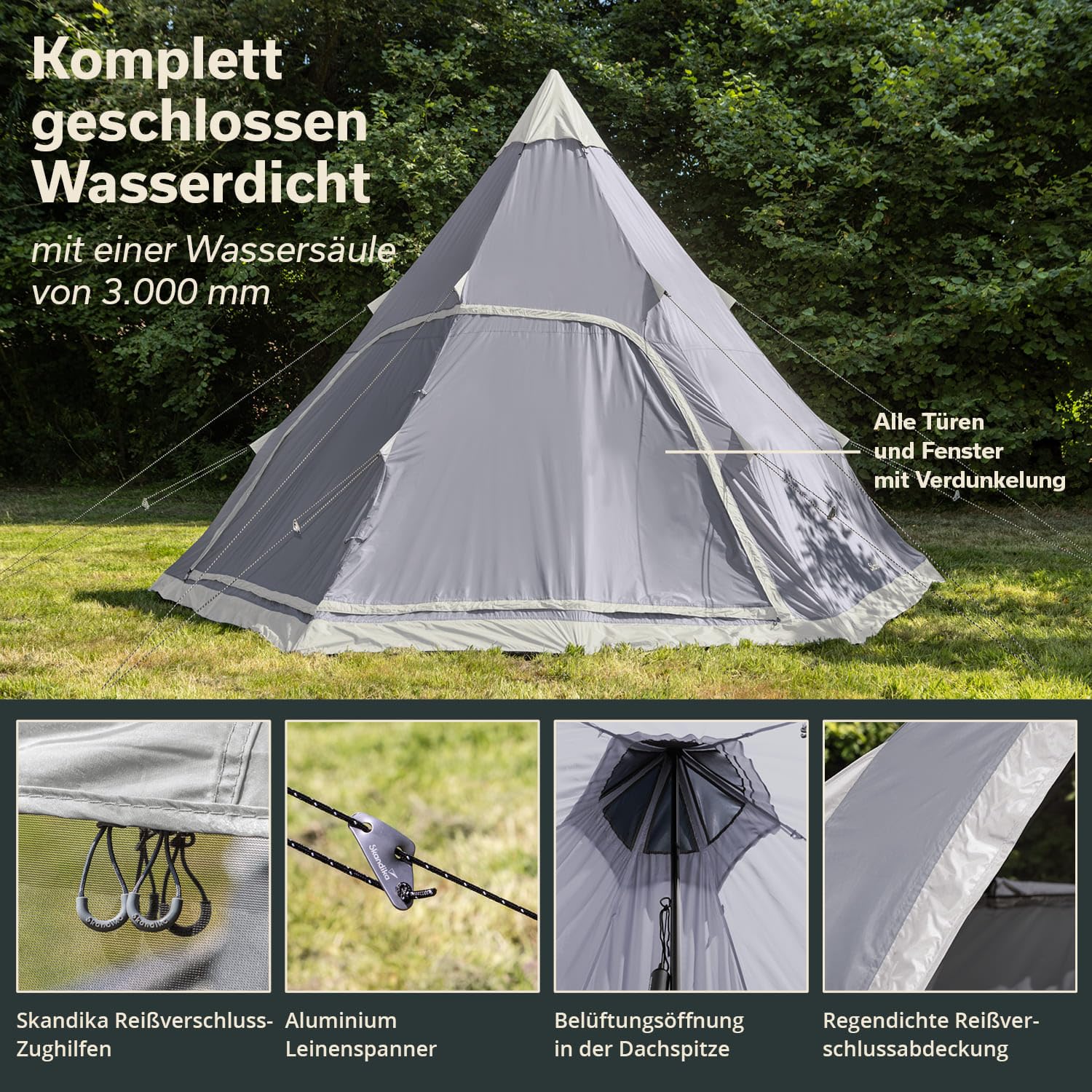 Skandika Tenda da campeggio indiana Tipi Hetta | per 4-6 persone, altezza 2-3 m, pavimento cucito, colonna d'acqua 3000 mm, UV 50+
