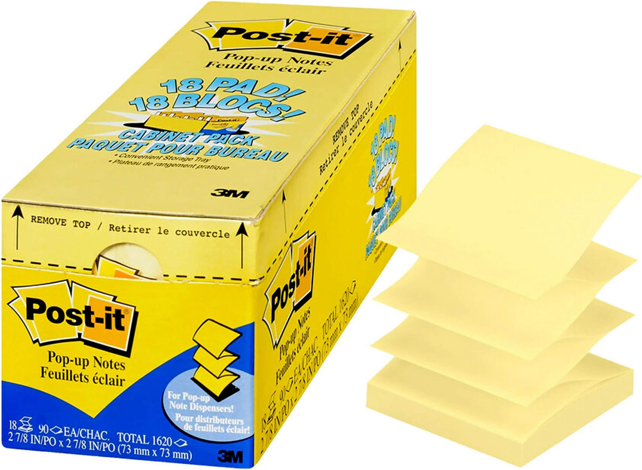 Post-itPop-up Notes, 3 in x 3 in, 18 Pads, America's #1 Favorite Sticky Notes, Canary Yellow, Clean Removal, Recyclable (R330-18CP)