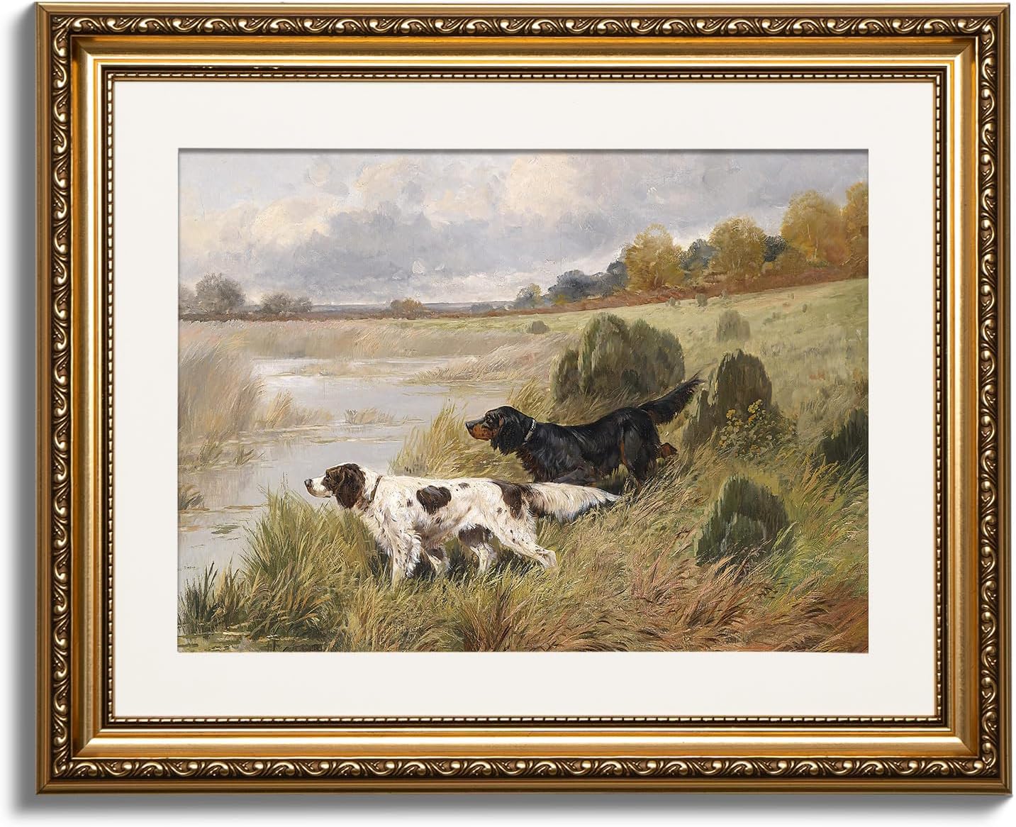 ARPEOTCY Vintage Gold Framed Wall Art, Retro River Landscape Paintings, Canvas Prints Artwork with Antique Frame, Victorian Wall Picture Decor for Room Gallery Living Room, 13x16 inch Two Dogs 16\"L x 13\"W