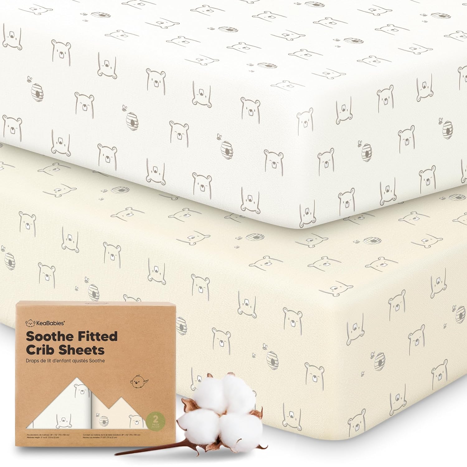 KeaBabies 2-Pack Organic Crib Sheets for Boys, Girls - 52x28 Fitted Crib Mattress Sheet Neutral, Breathable Jersey Cotton Cover for Baby Bed, Toddler Mattress, Soft & Cute Prints (Bumble Bear)