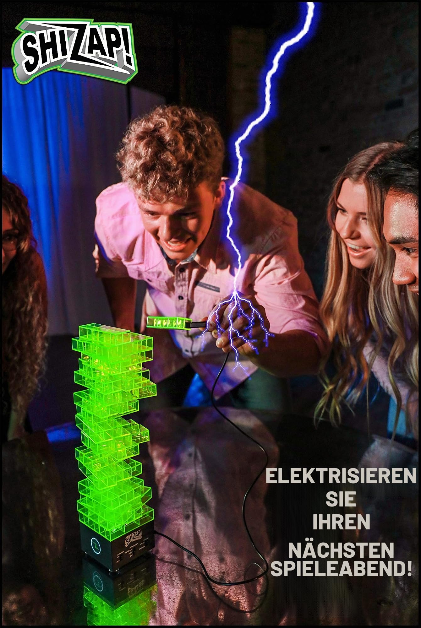 ShiZap! Das energetisierte Stapelblockspiel – Elektrisch schockierender Tumble Tower – Familienfreundliche Partyspiele für Jugendliche und Erwachsene