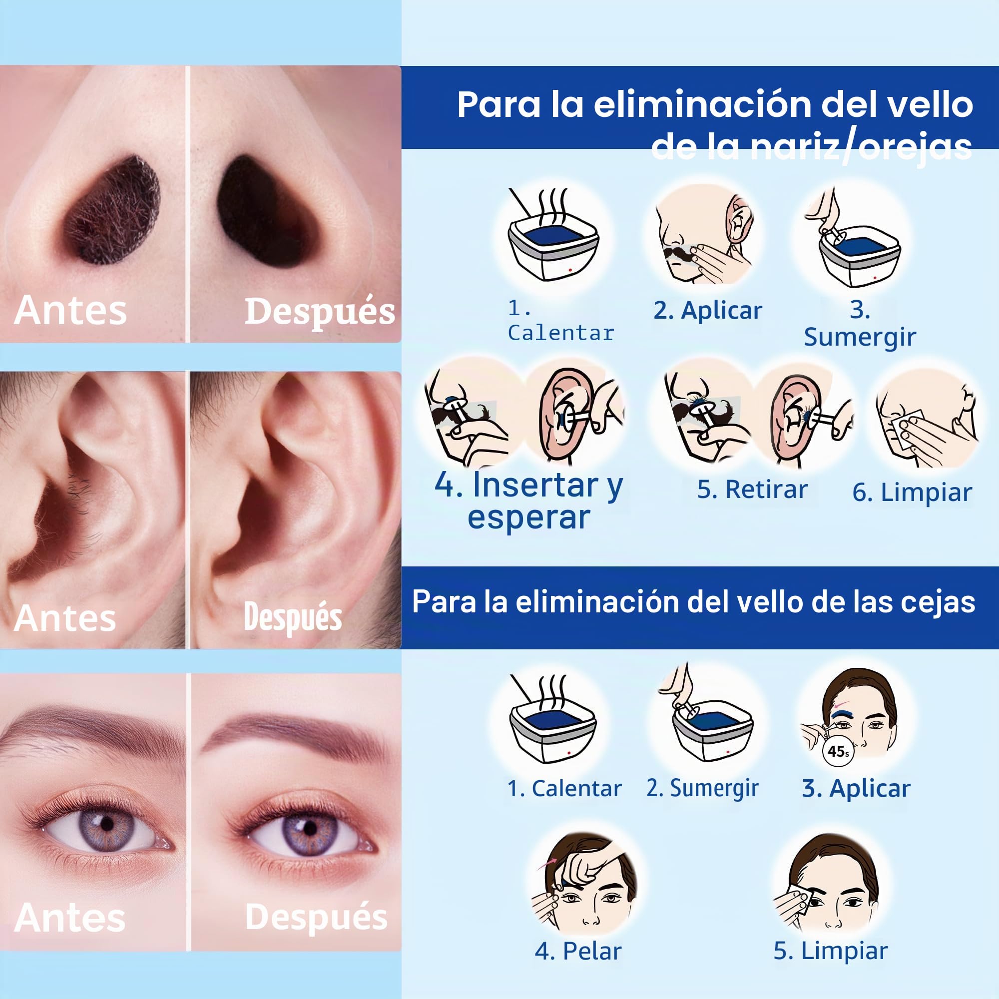 Mini Kit de Depilación Profesional para Hombres y Mujeres, para Cara, Orejas y Nariz, 100g de Cera para Vello, 10 Aplicadores 10 Moldes para Bigote, Depilación Segura, Rápida y Sin Dolor