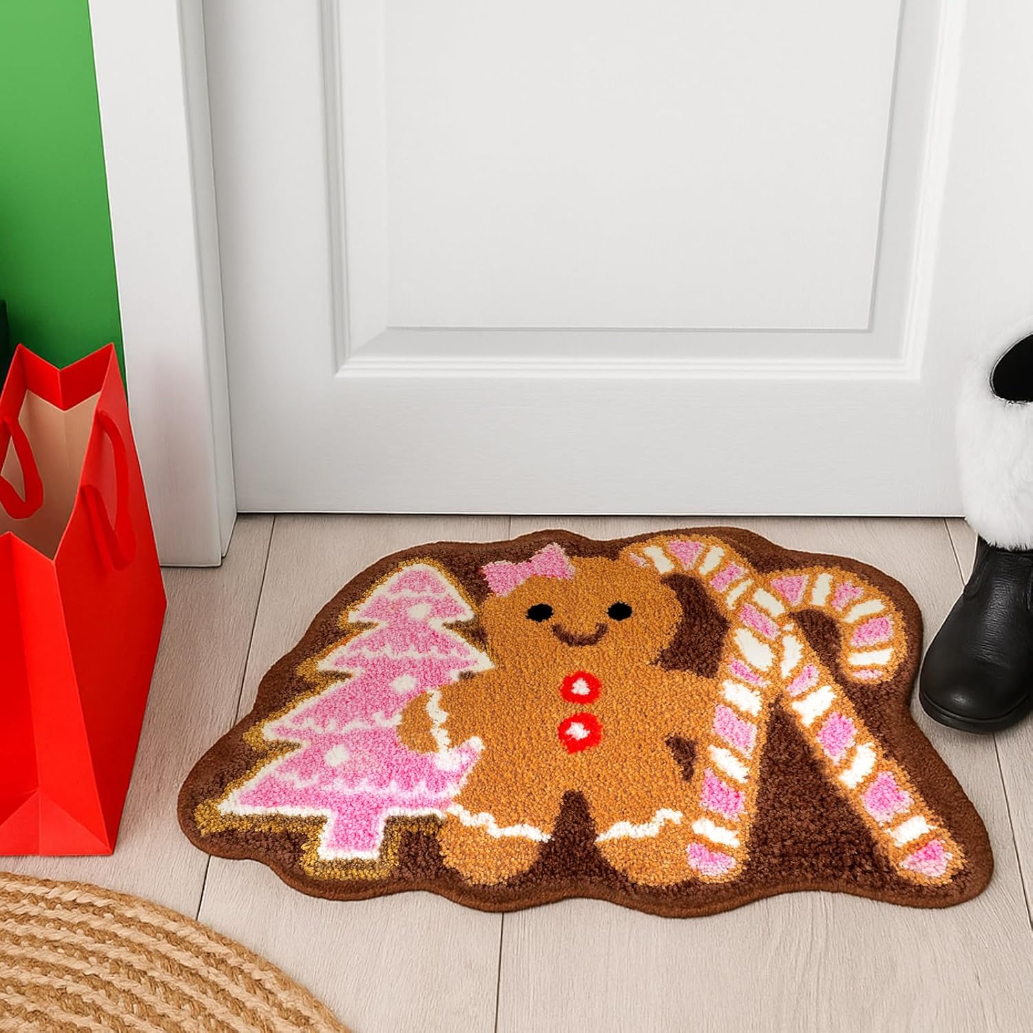 Drydiet Christmas Gingerbread Man Bathroom Rug Cute Xmas Candy Cane Christmas Tree Door Mat Bath Mat Shower Bathroom Decoration Rug Non Slip Washable