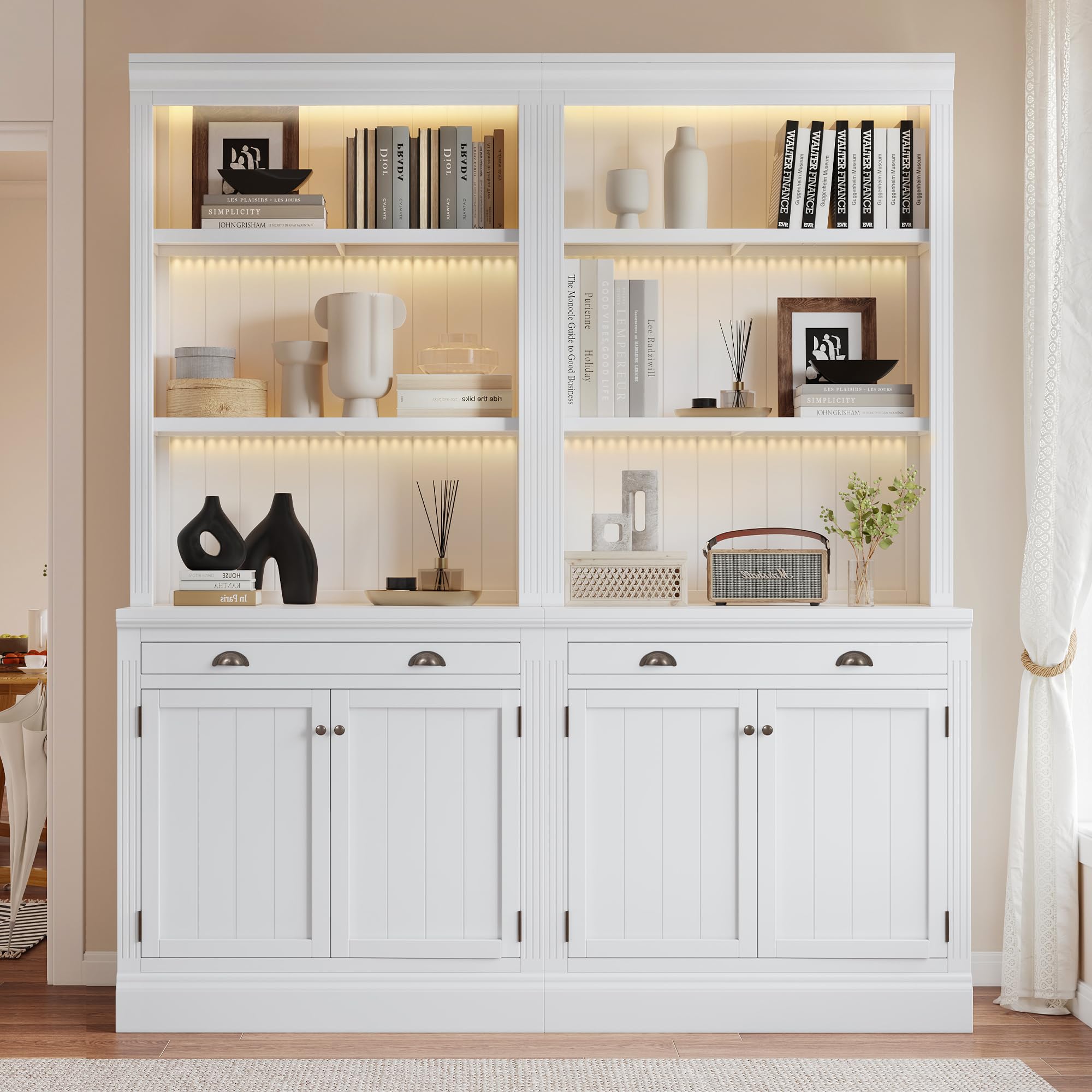 Merax 83.4" Tall Bookshelf Suite, Modern Bookcase Suite with 3 Pieces LED Lighting,Doors and Drawers,Display Cabinet,2-Piece Set Storage Bookcase with