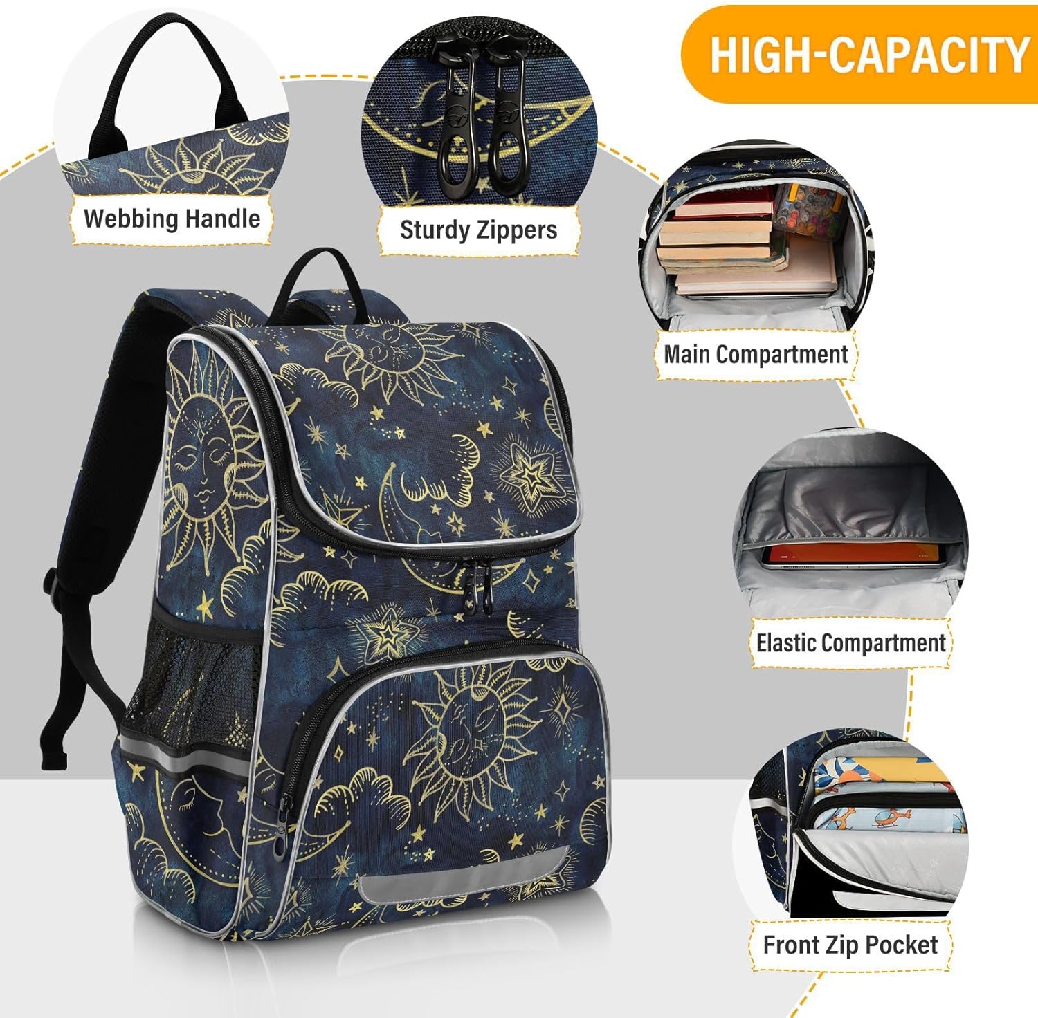 OREZI Schoolbag Sun Moon Boho Cosmos Astrology Laptop Backpack for Student College Adult