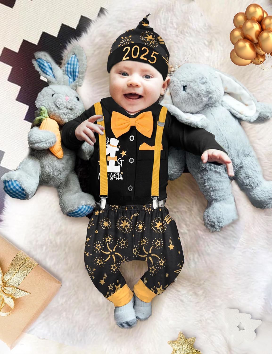 AGAPENG Baby Boy New Year Outfit My 1ST Happy New Year 2025 Gentleman Romper with Bow Tie Suspender Pants Hat 3PCS Clothing
