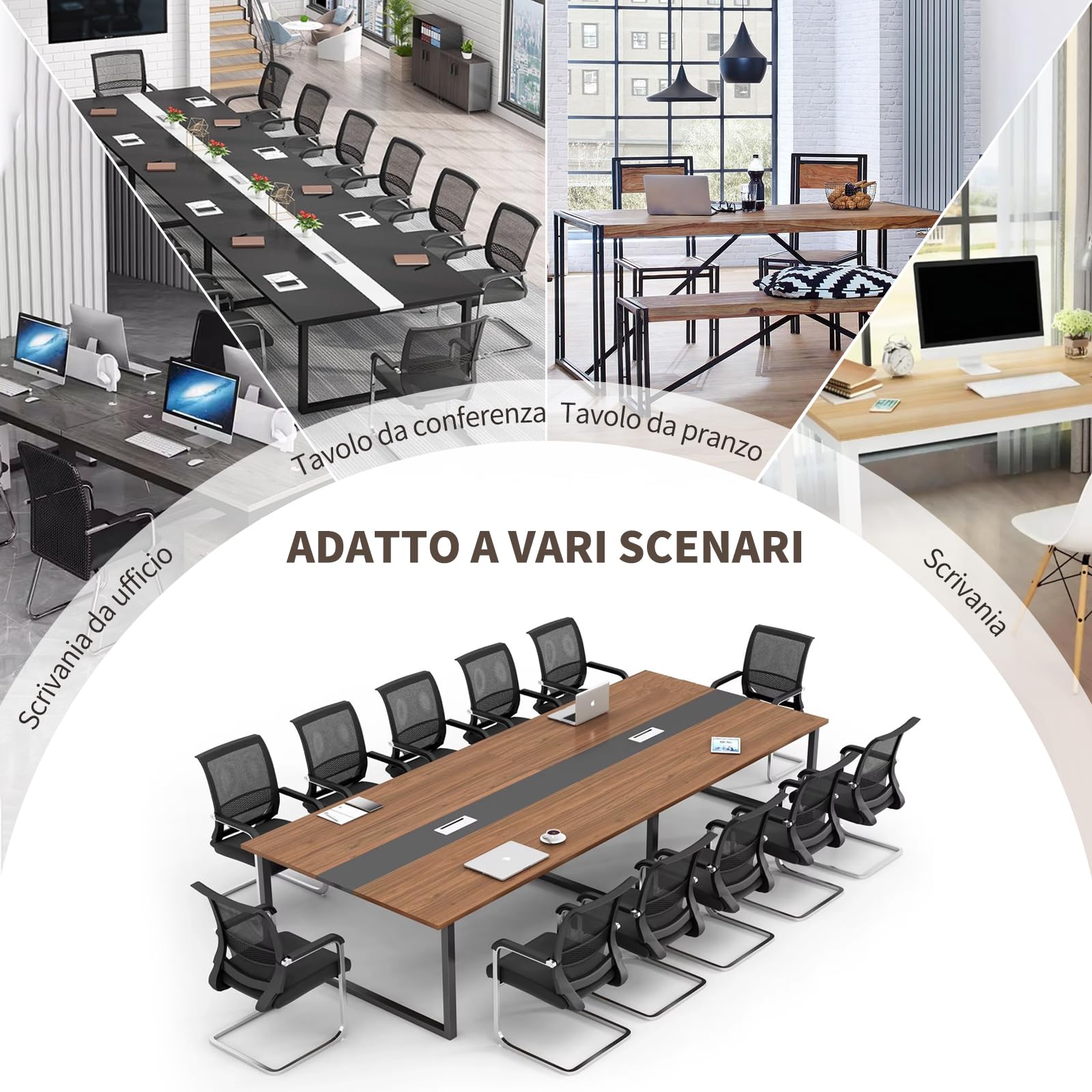 Tavolo Riunioni Ufficio Moderno, Tavolo da Conferenza Rettangolare con Canalina per Cavi e Struttura in Metallo Nero, Ideale per 8-12 Persone, Sala Conferenze e Seminari