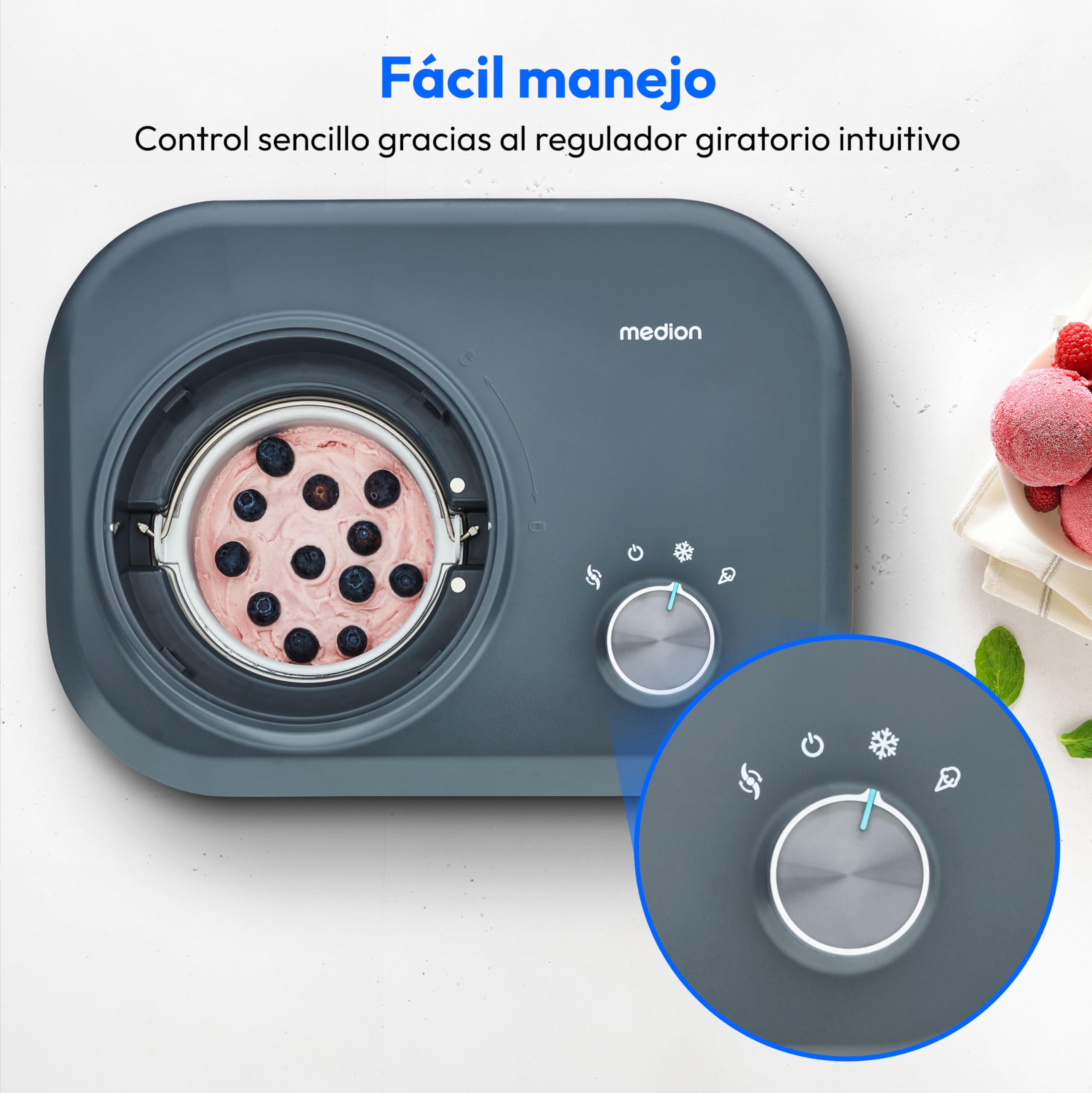 MEDION Heladera con compresor (autorefrigerante, ideal para helado, yogur helado y sorbete, 1 L, 100 W, recipiente de aluminio, MD10169)