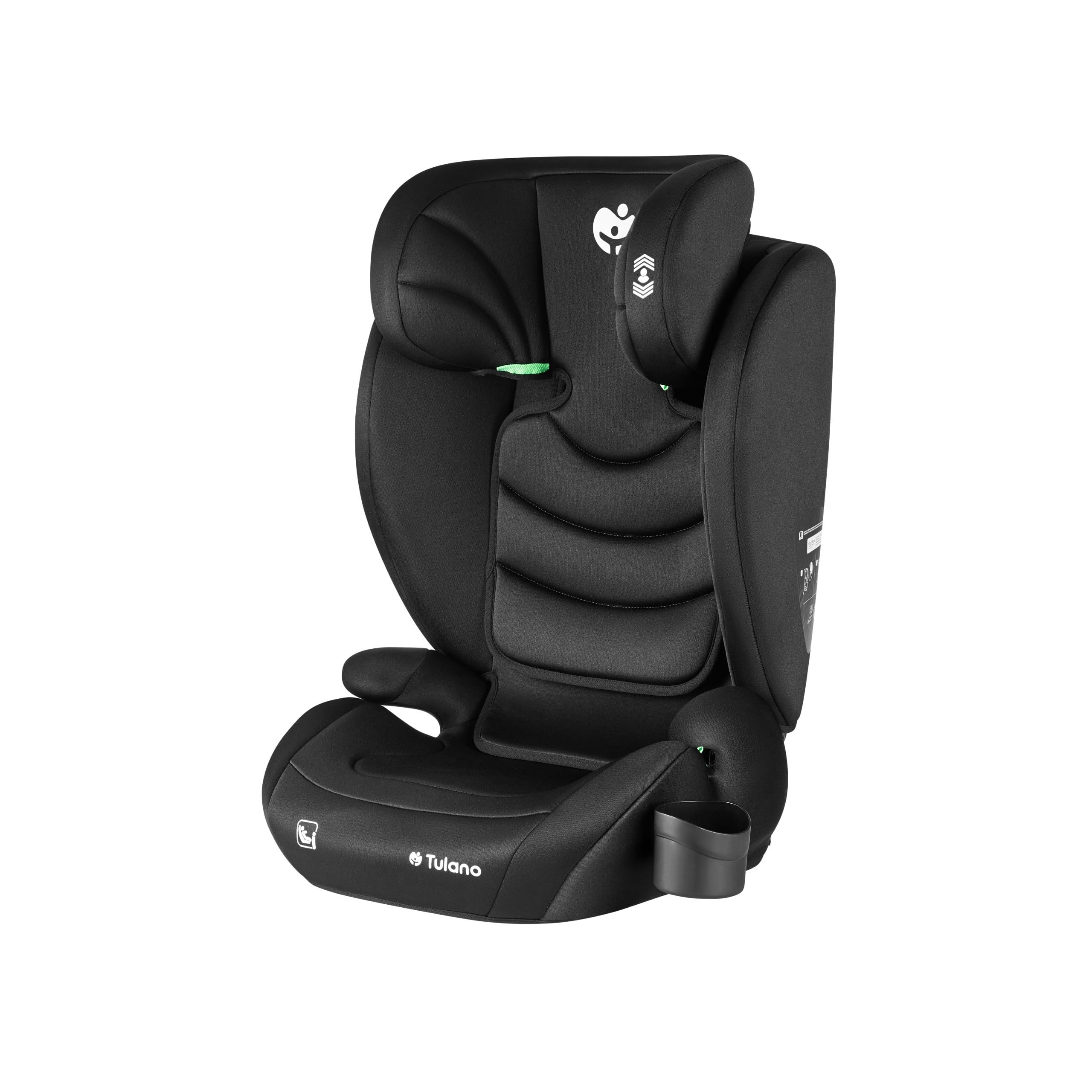 Tulano Joy 20 Fotelik samochodowy 100-150 cm i-Size z podstawką | 13-stopniowy zagłówek - Montaż pasem w każdym aucie - Uchwyt na kubek i osłony przeciwsłoneczne - Czarny