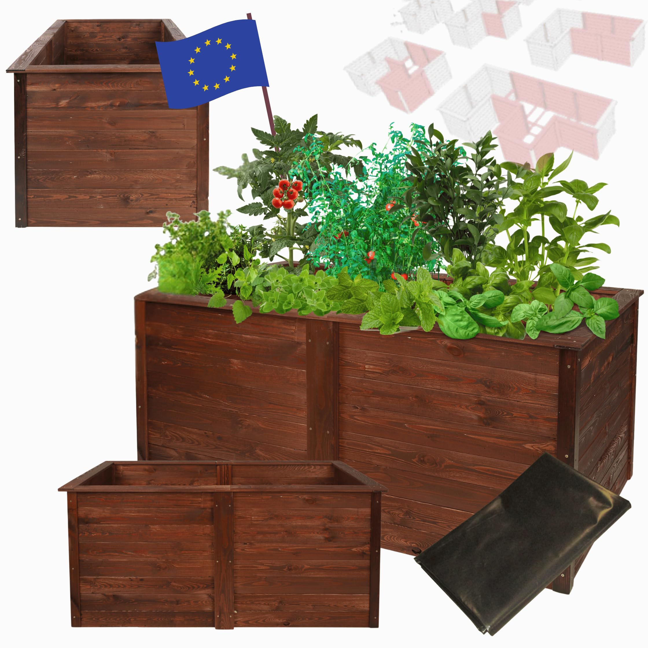 Hochbeet Holz XL, Modulares Blumenbeet & Gemüsekiste aus Kiefernholz, Blumenkasten, Gemüsebeet, Kräuterbeet, Anzuchtset, Anzuchtkasten, Wetterfest, Abmessungen 75x149x79 cm, Farbe: Braun